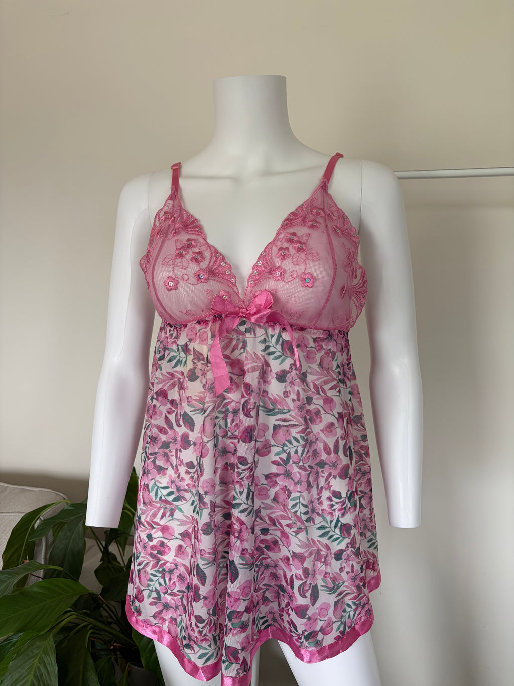 Vintage 2000s Pink Floral Babydoll with Sequin-Embroidered Cups