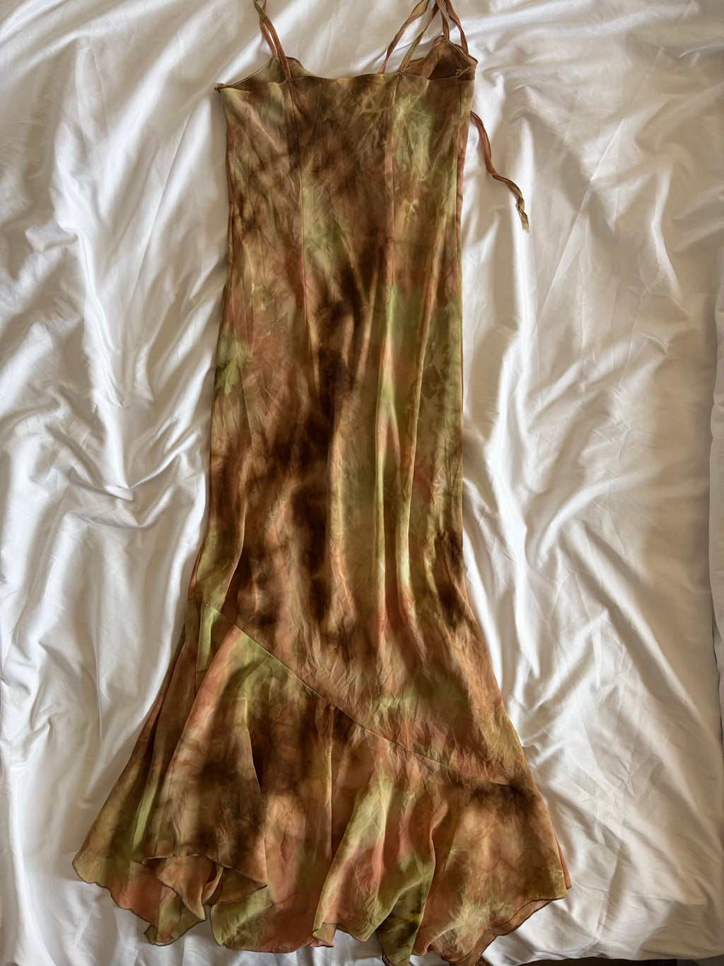 Vintage 1990s Tie Dye Asymmetrical Ruffle Hem Forest Fairy Maxi Dress