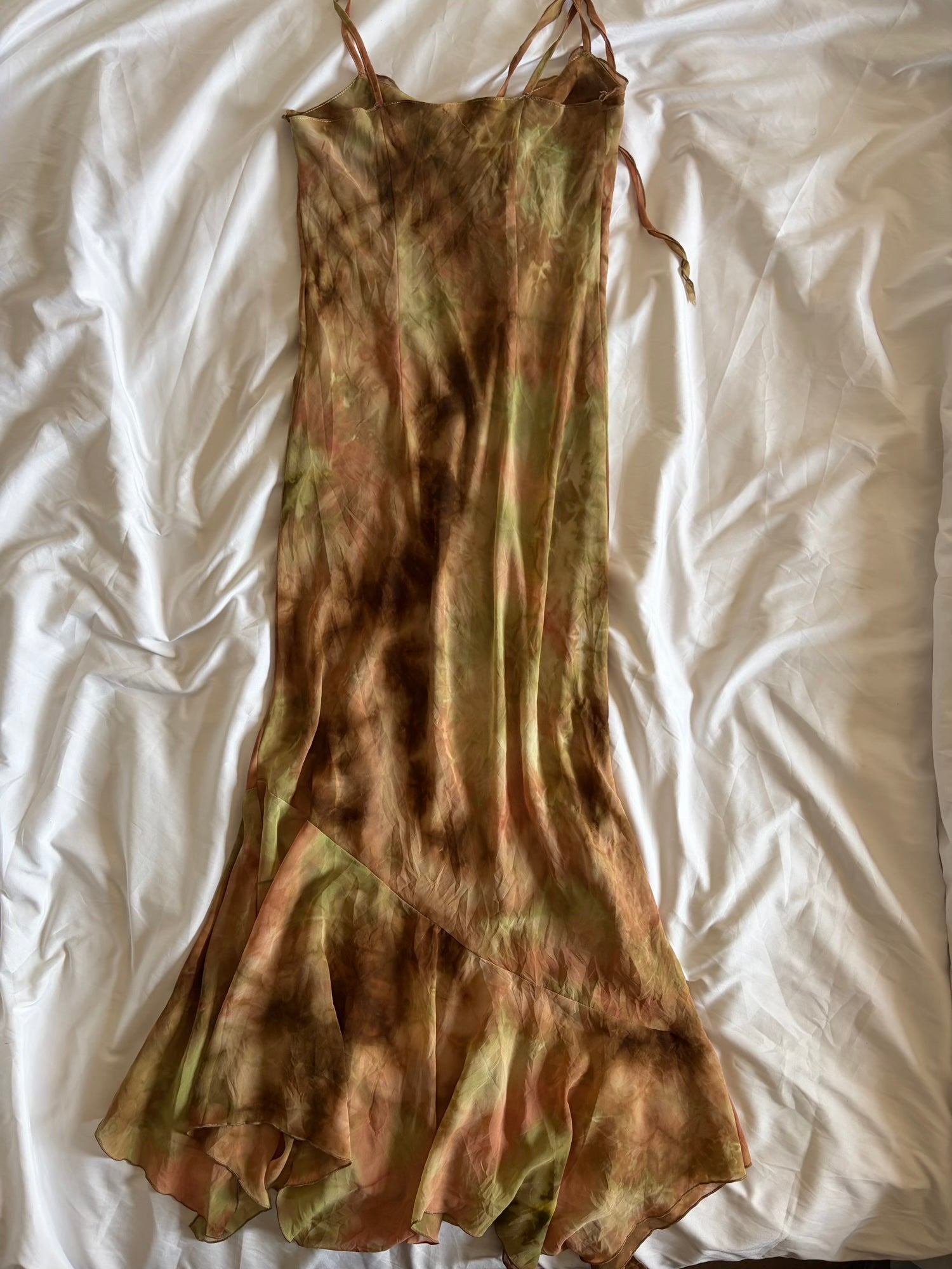 Vintage 1990s Tie Dye Asymmetrical Ruffle Hem Forest Fairy Maxi Dress