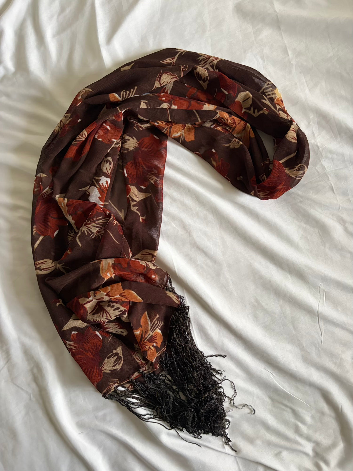 Vintage 2000s Brown Asymmetrical Hem Dress with Beads, Sequins and Matching Scarf