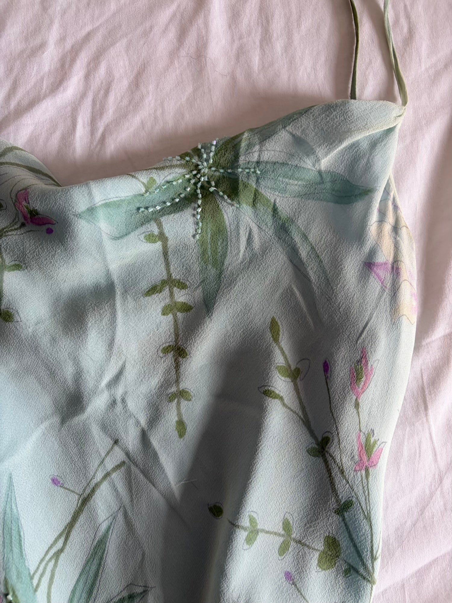 Vintage 1990s Silk Pastel Midi Dress with Florals and Beading
