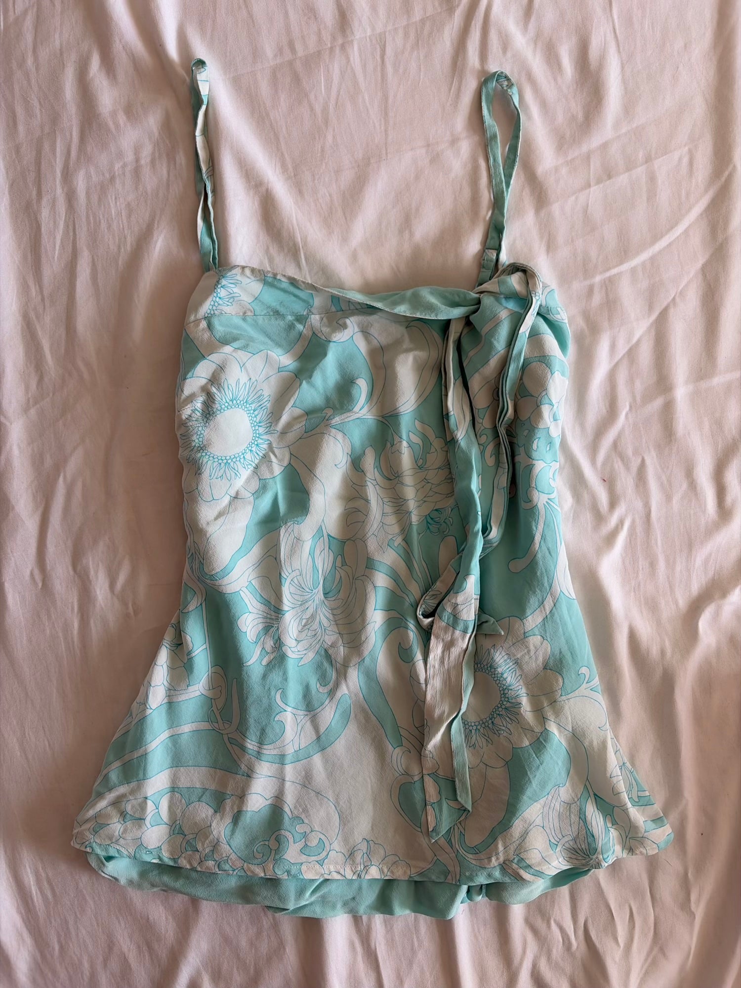 Vintage Y2K Turquoise and White Silk Floral Cami with Double Hem