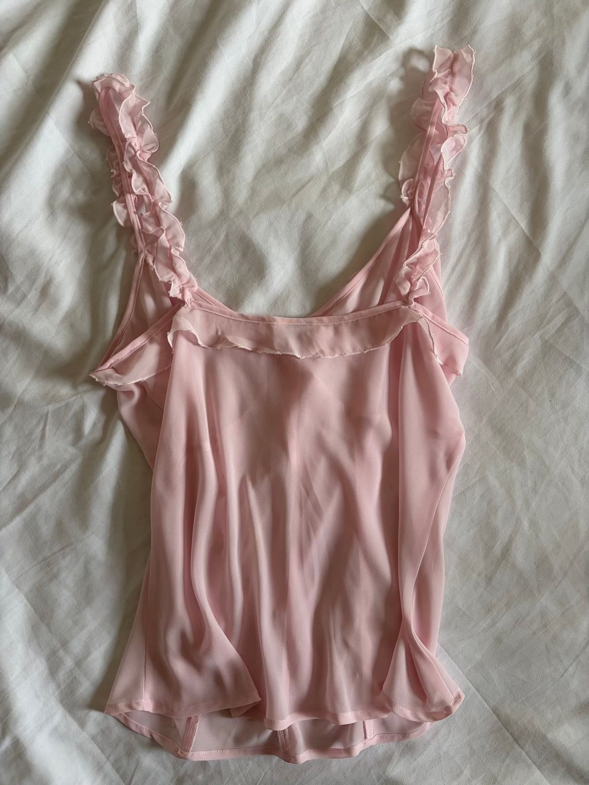 Vintage 1990s Baby Pink Semi Sheer Cami with Beads and Ruffle Detail