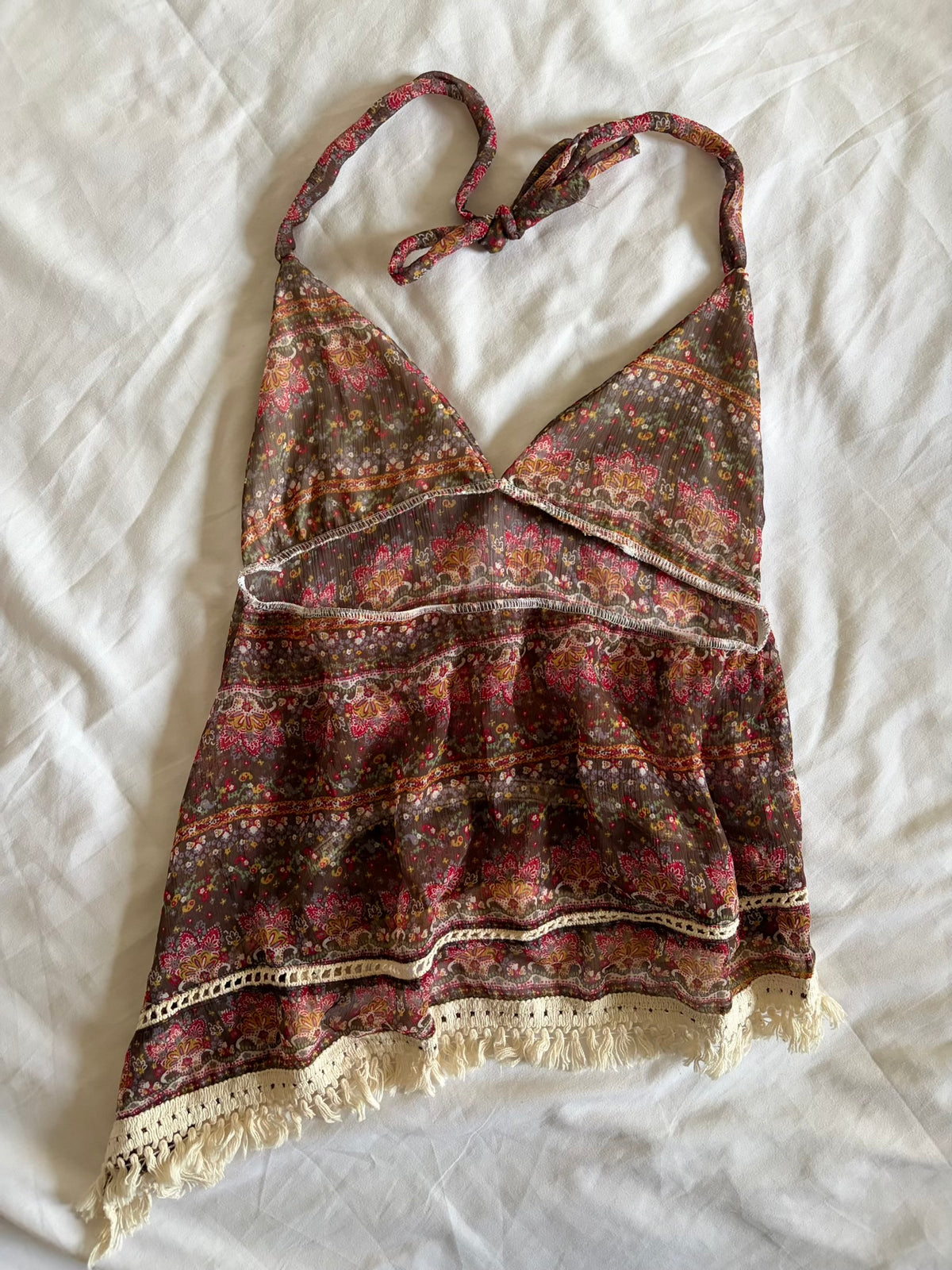 Vintage 1990s Asymmetrical Hem Paisley Open Back Halterneck Cami with Crochet