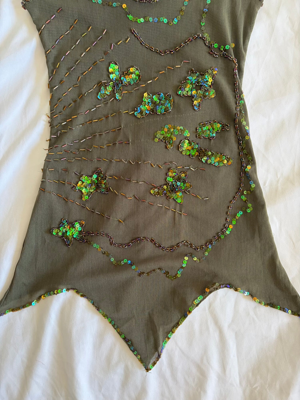 Vintage Y2K dark forest green sequin and beaded handkerchief hem cami
