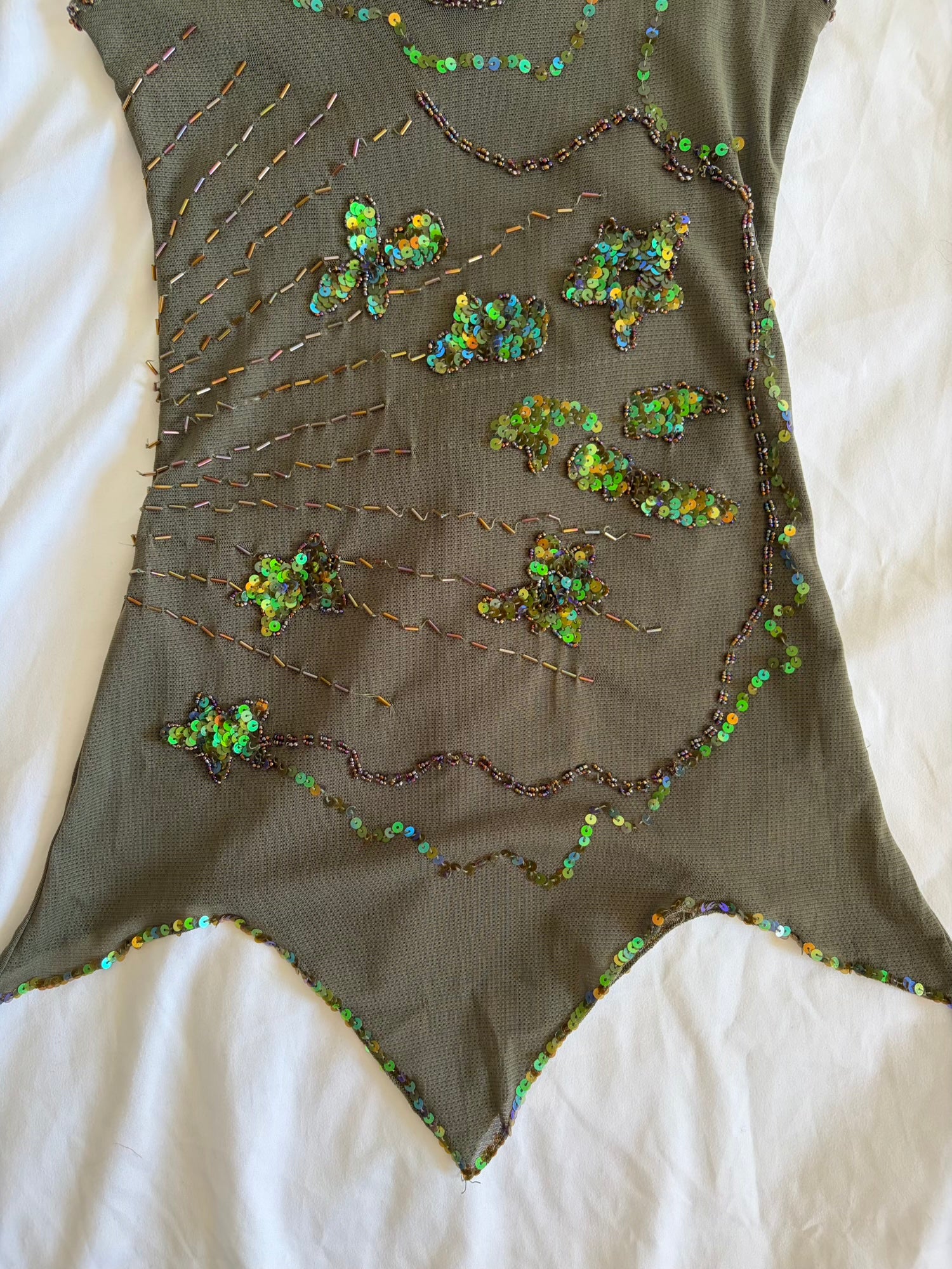 Vintage Y2K dark forest green sequin and beaded handkerchief hem cami