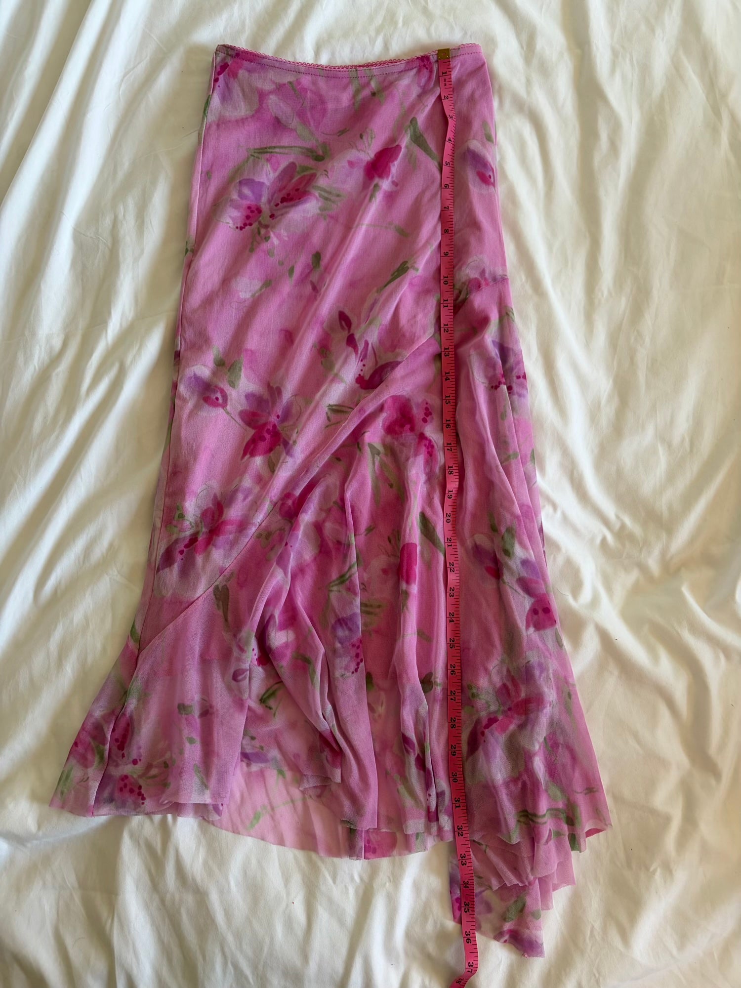 Vintage 1990s pink asymmetrical hem micromesh midi skirt