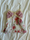 Vintage Y2K Japanese floral cami with contrast bust and lace and ribbon detail