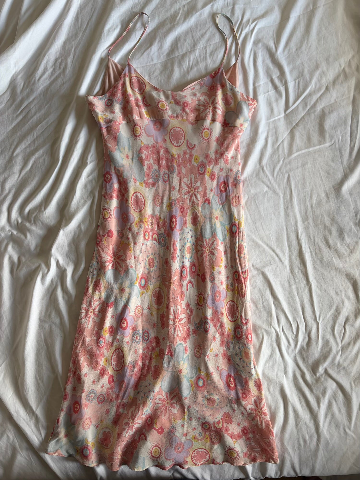 Vintage Y2K Pastel Floral Midi Dress with Ruched Bust
