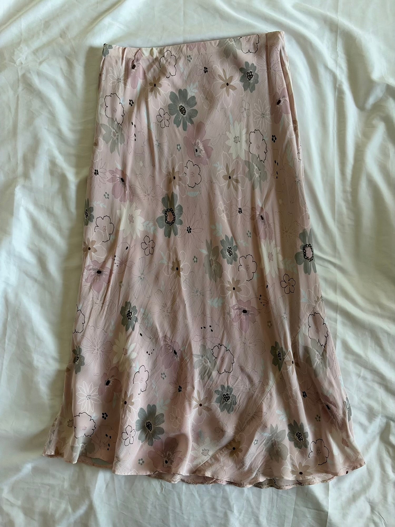 Vintage 1990s Rose Pink and Grey Floral Floaty Midi Skirt
