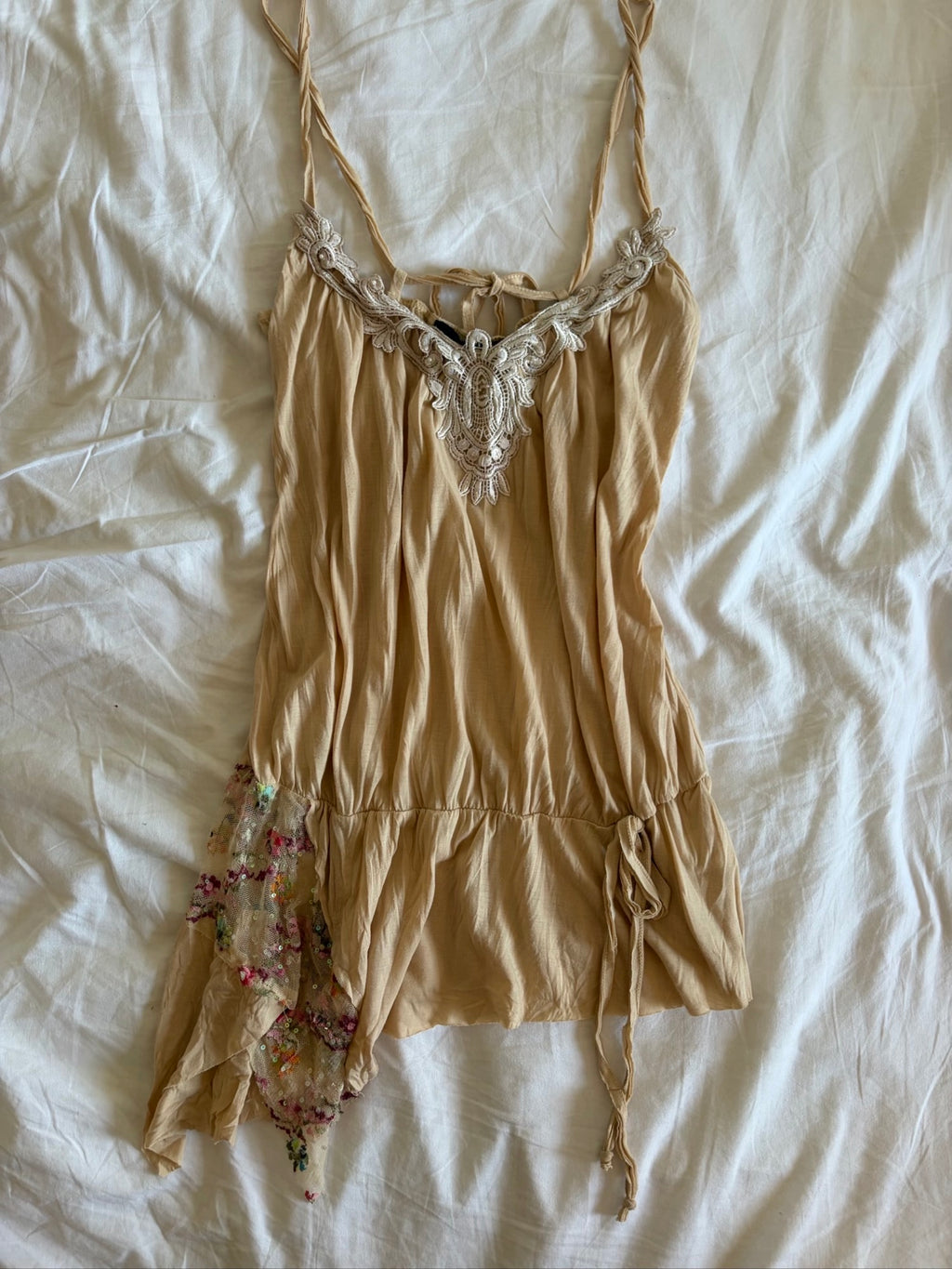 Vintage Y2K River Island asymmetrical hem fairy cami with contrast lace and sequins