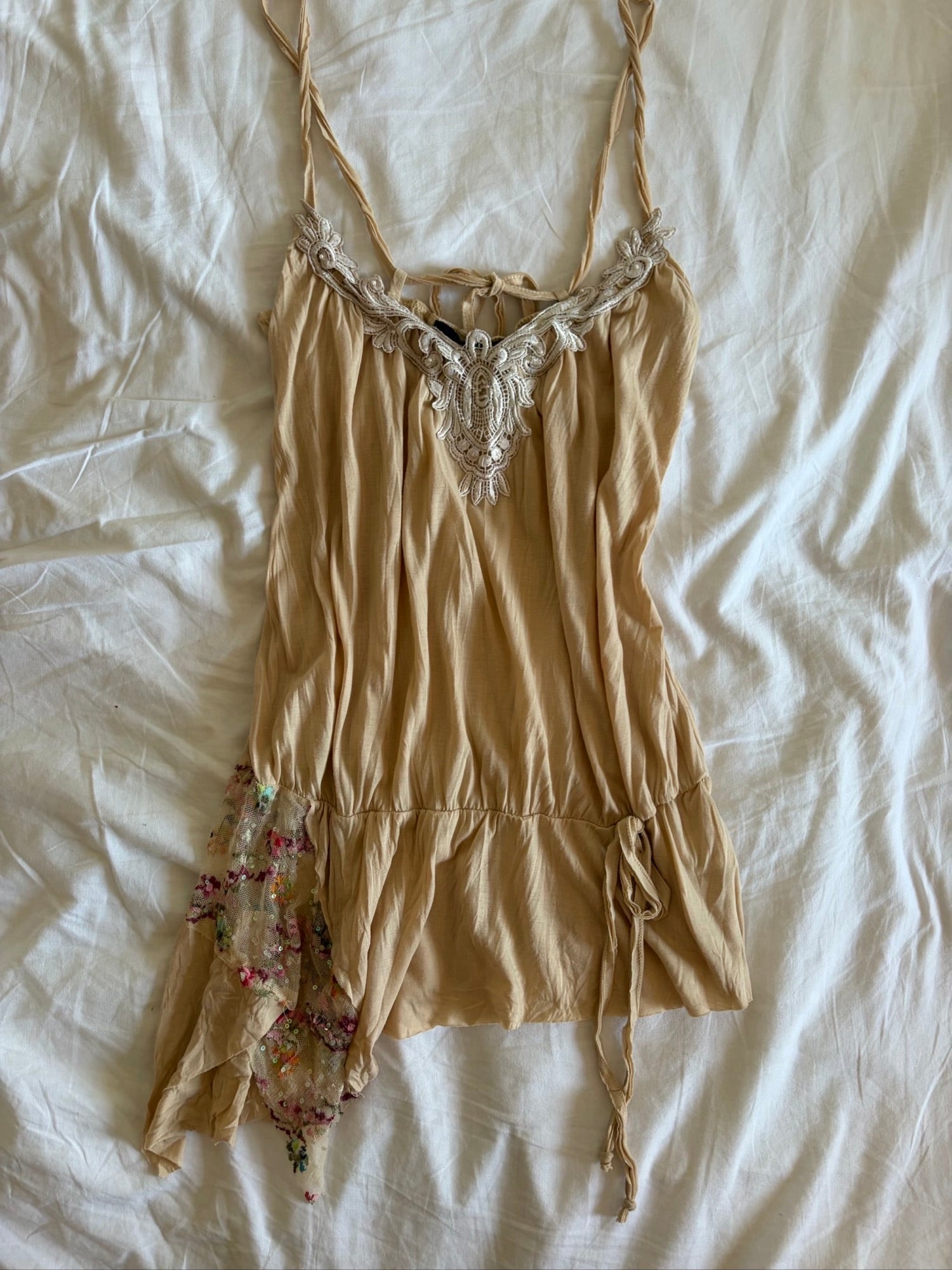 Vintage Y2K River Island asymmetrical hem fairy cami with contrast lace and sequins