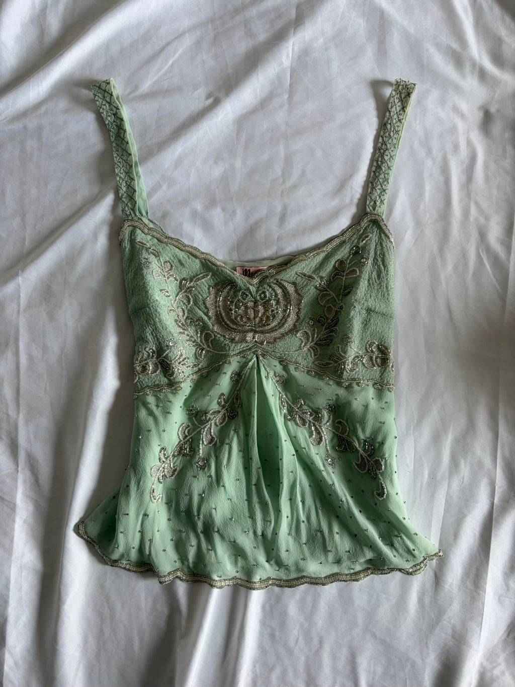 Vintage Y2K Silk Turquoise Mint Cami with Embroidery Beads and Sequin
