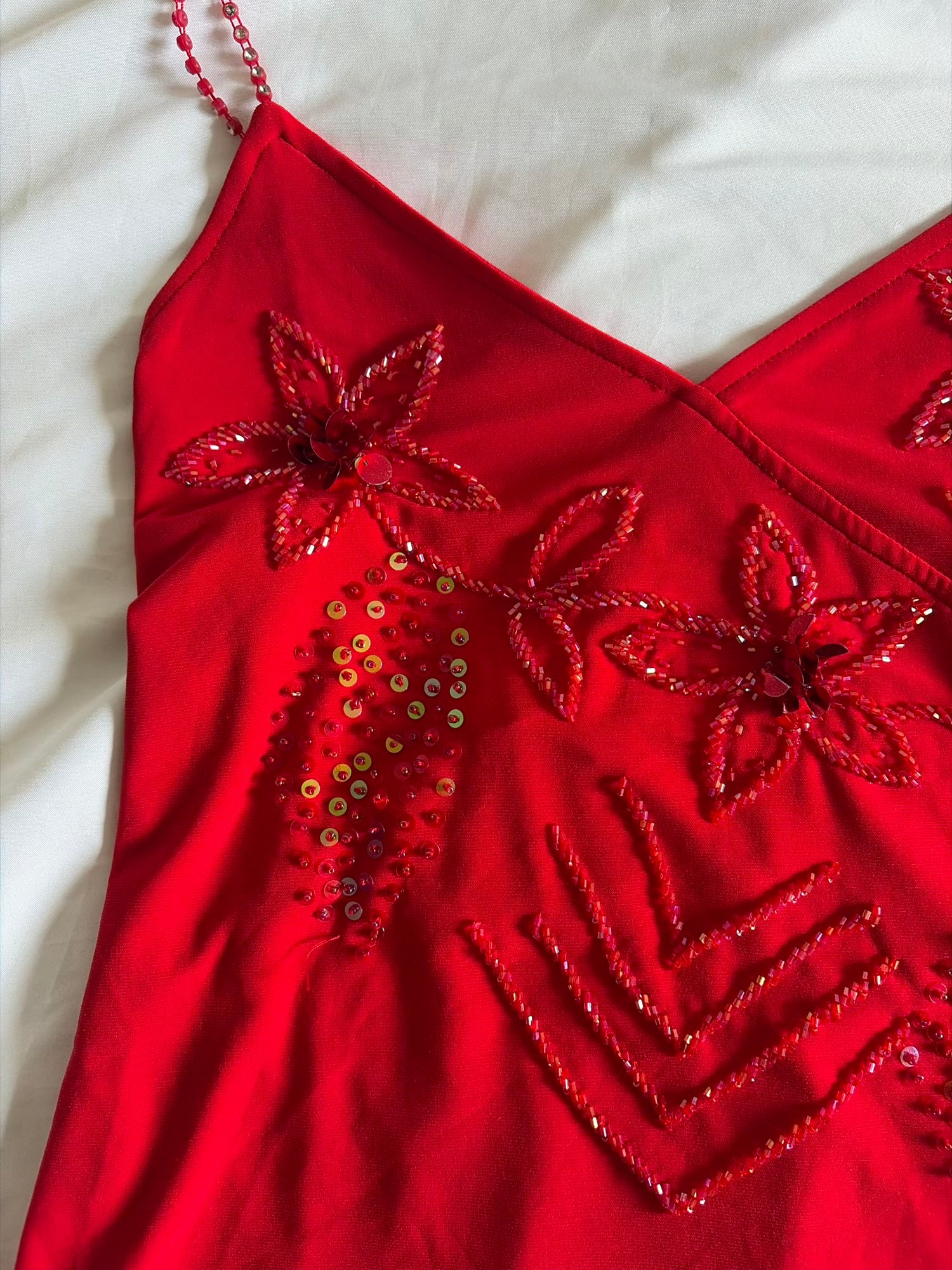 Vintage Y2K Red Cami with Beaded Sequins and Diamante Straps