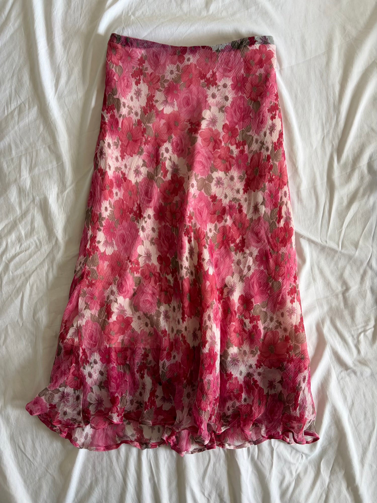 Vintage 1990s Silk Pink and Red Floral Maxi Skirt with Floaty Fairy Hem