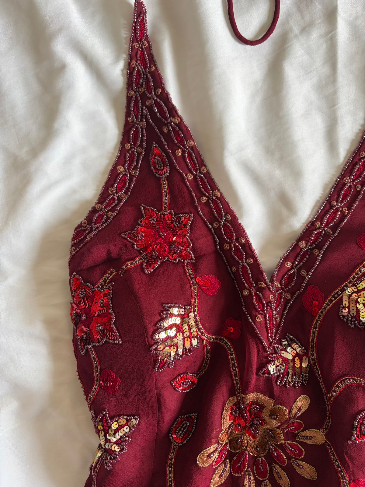 Vintage Y2K burgundy silk beaded floral gold and bronze sequin corset style halter - Size Large