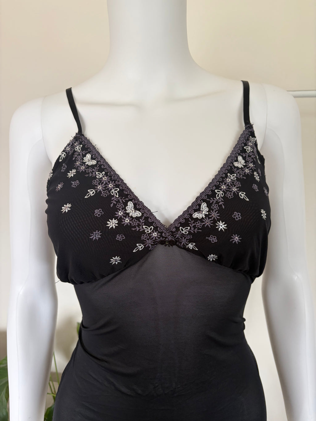 Vintage 1990s Black Mesh Cami with Butterfly-Embroidered Cups and Sequins