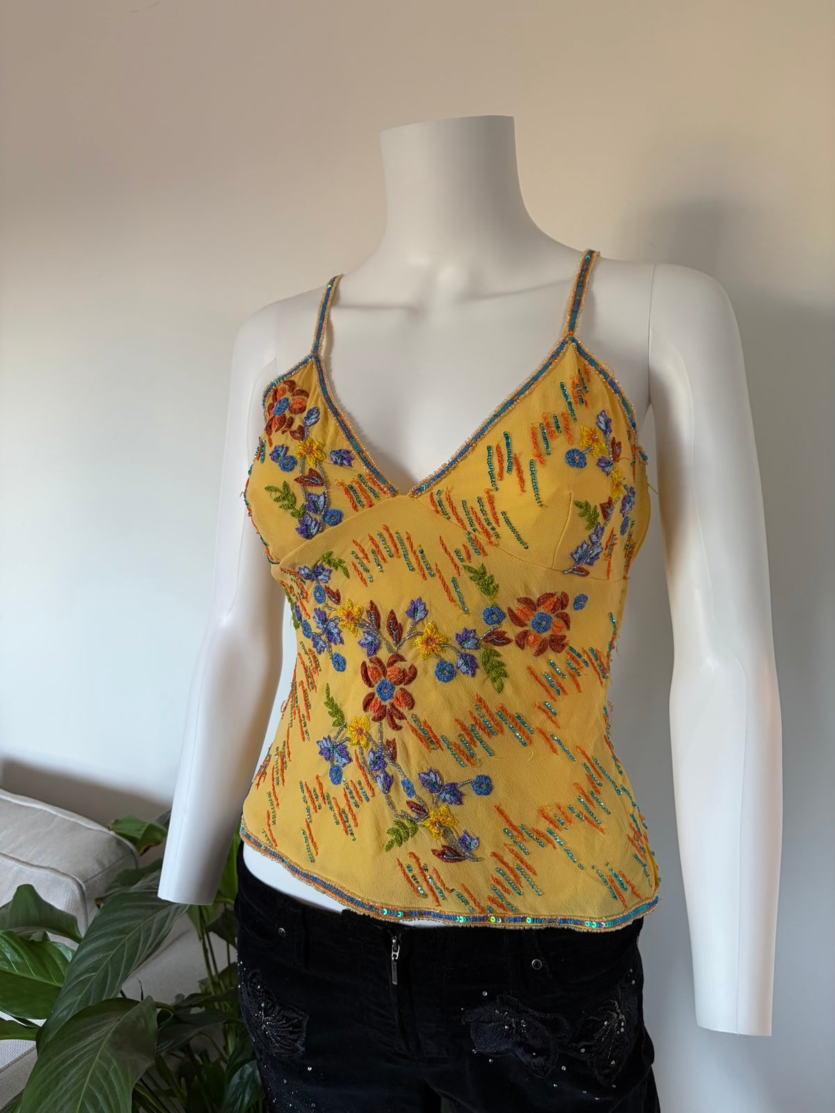 Vintage 2000s Aftershock Sunburst Yellow Silk Cami with Embroidery and Sequins
