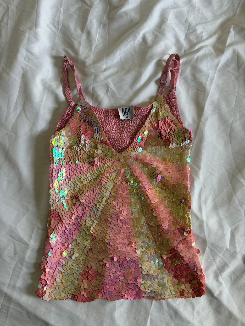 Vintage Y2K Bay Strawberry Milkshake Pink Crochet Sequin Cami
