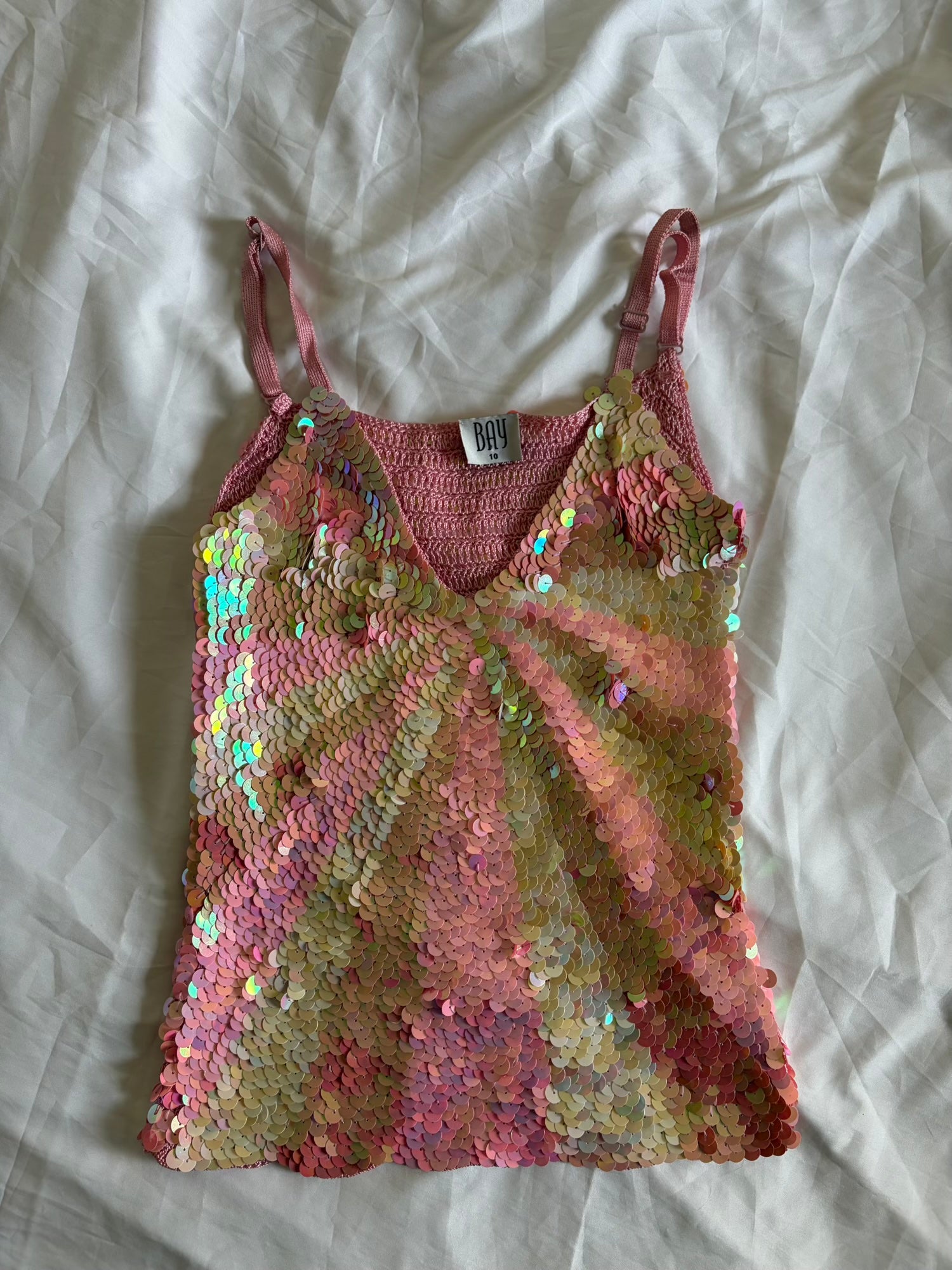 Vintage Y2K Bay Strawberry Milkshake Pink Crochet Sequin Cami
