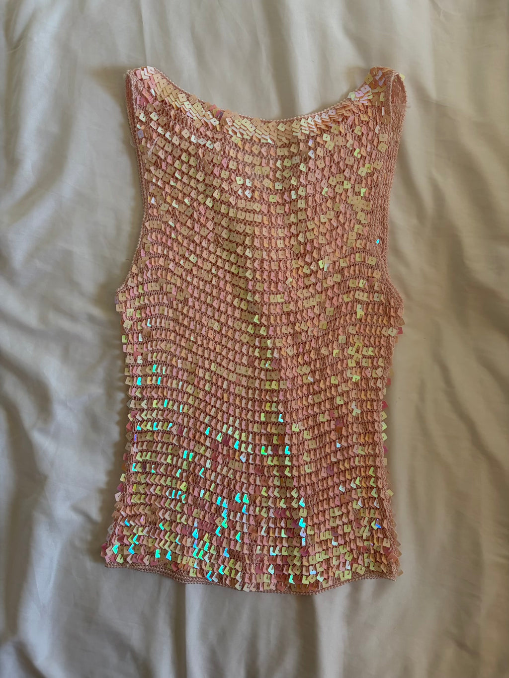 Vintage Y2K Baby Pink Boatneck Crochet Sequin Top