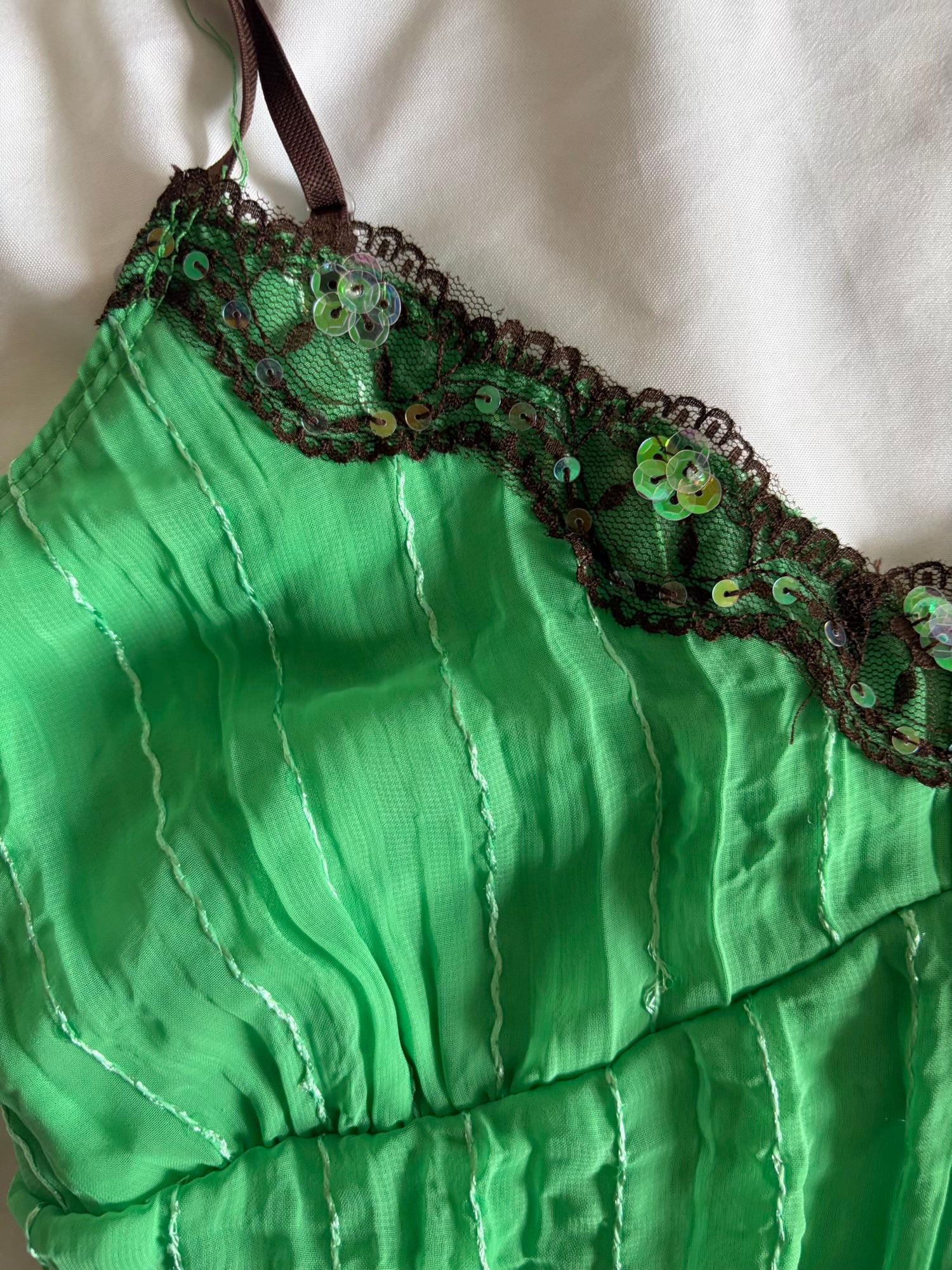 Vintage Y2K green sequin cami with brown lace detail and straps