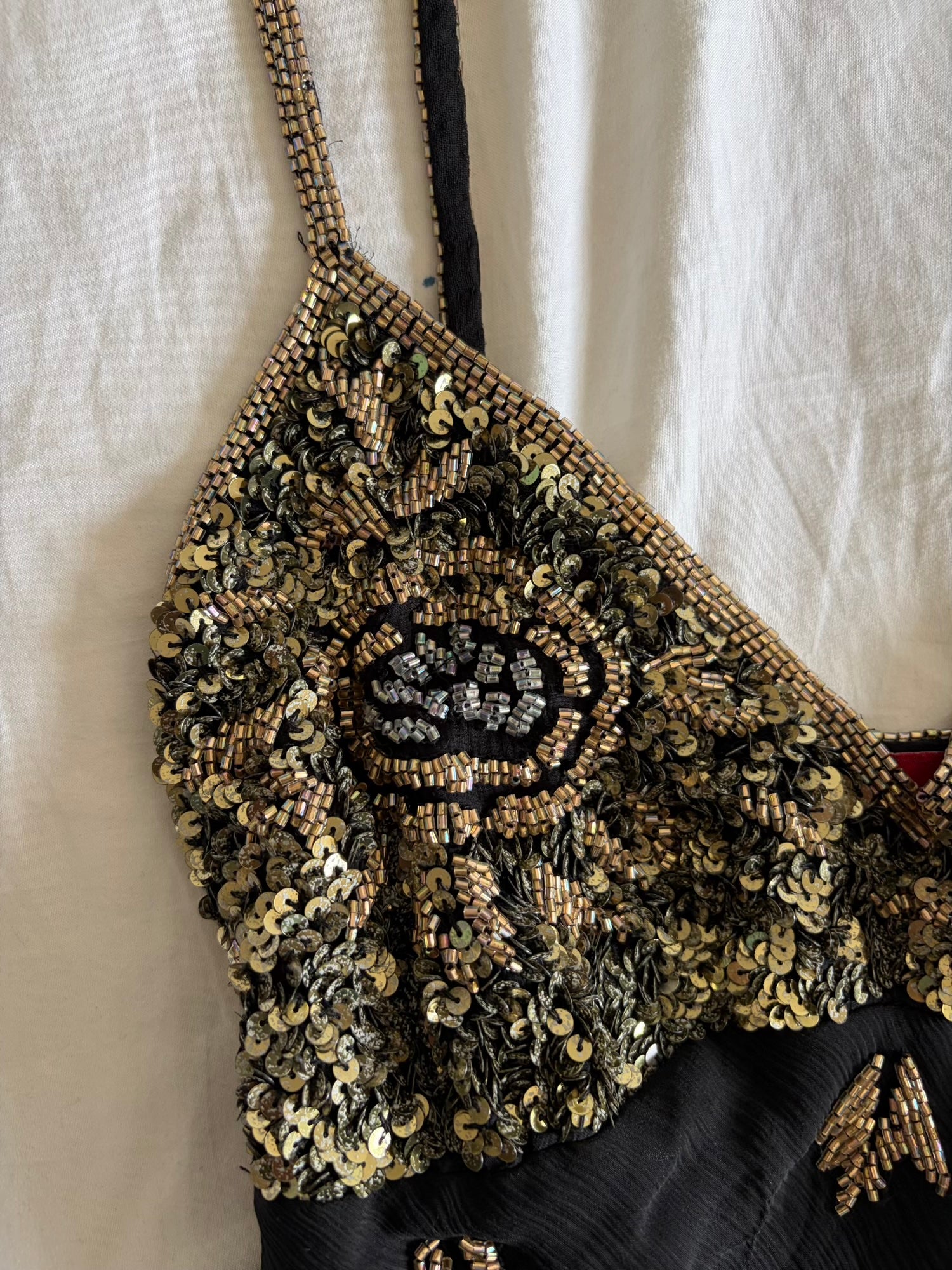 Vintage Y2K Aftershock Silk Black Cami with Gold and Silver Beads and Sequins