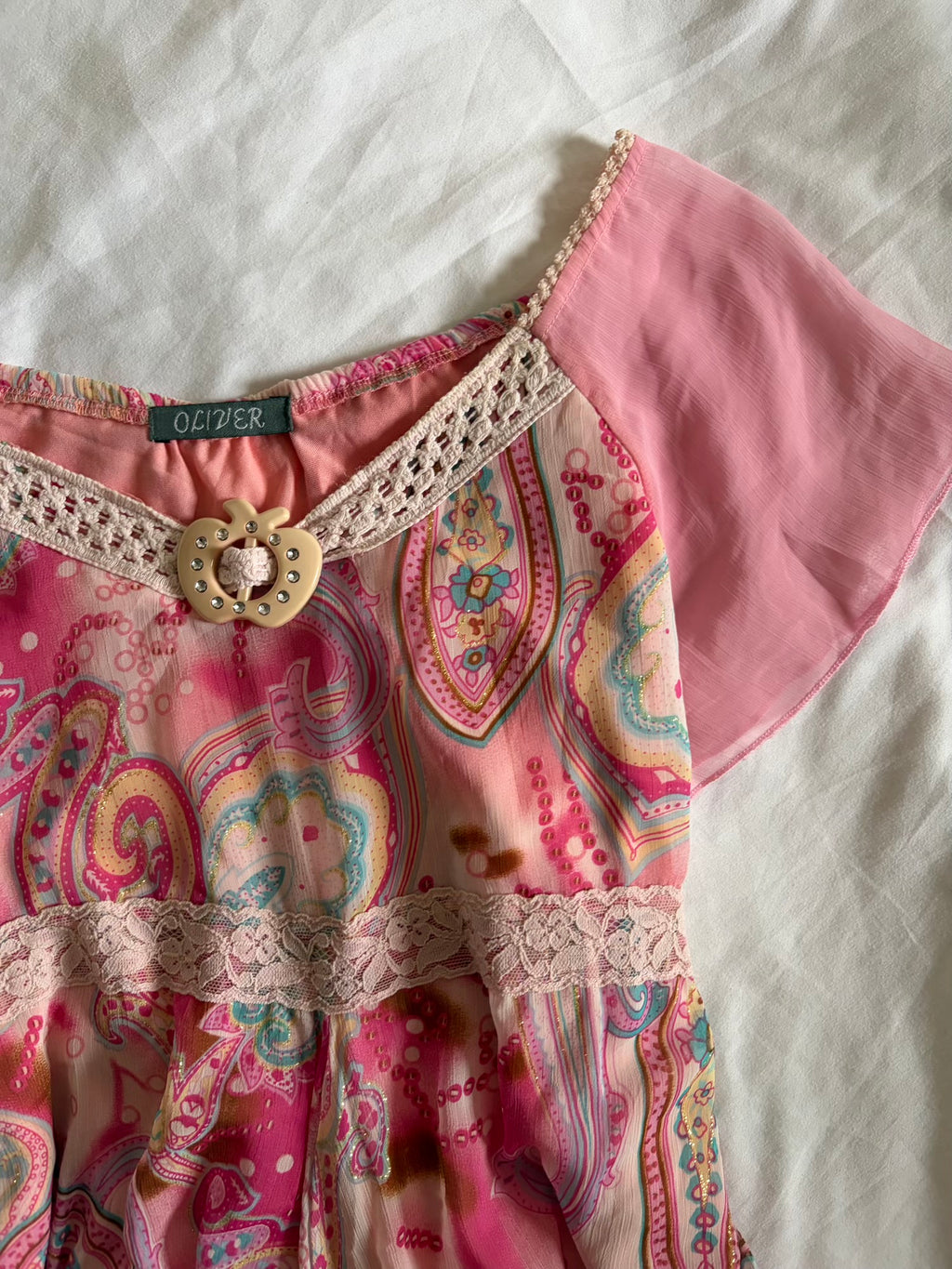 Vintage 2000s Pink Handkerchief Hem Sparkly Paisley and Floral Blouse