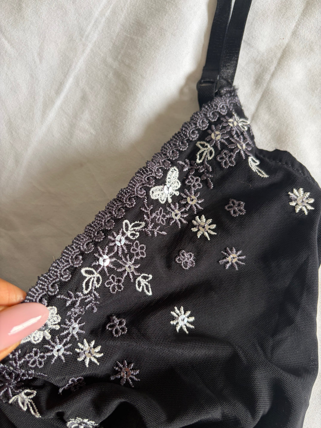 Vintage 1990s Black Mesh Cami with Butterfly-Embroidered Cups and Sequins