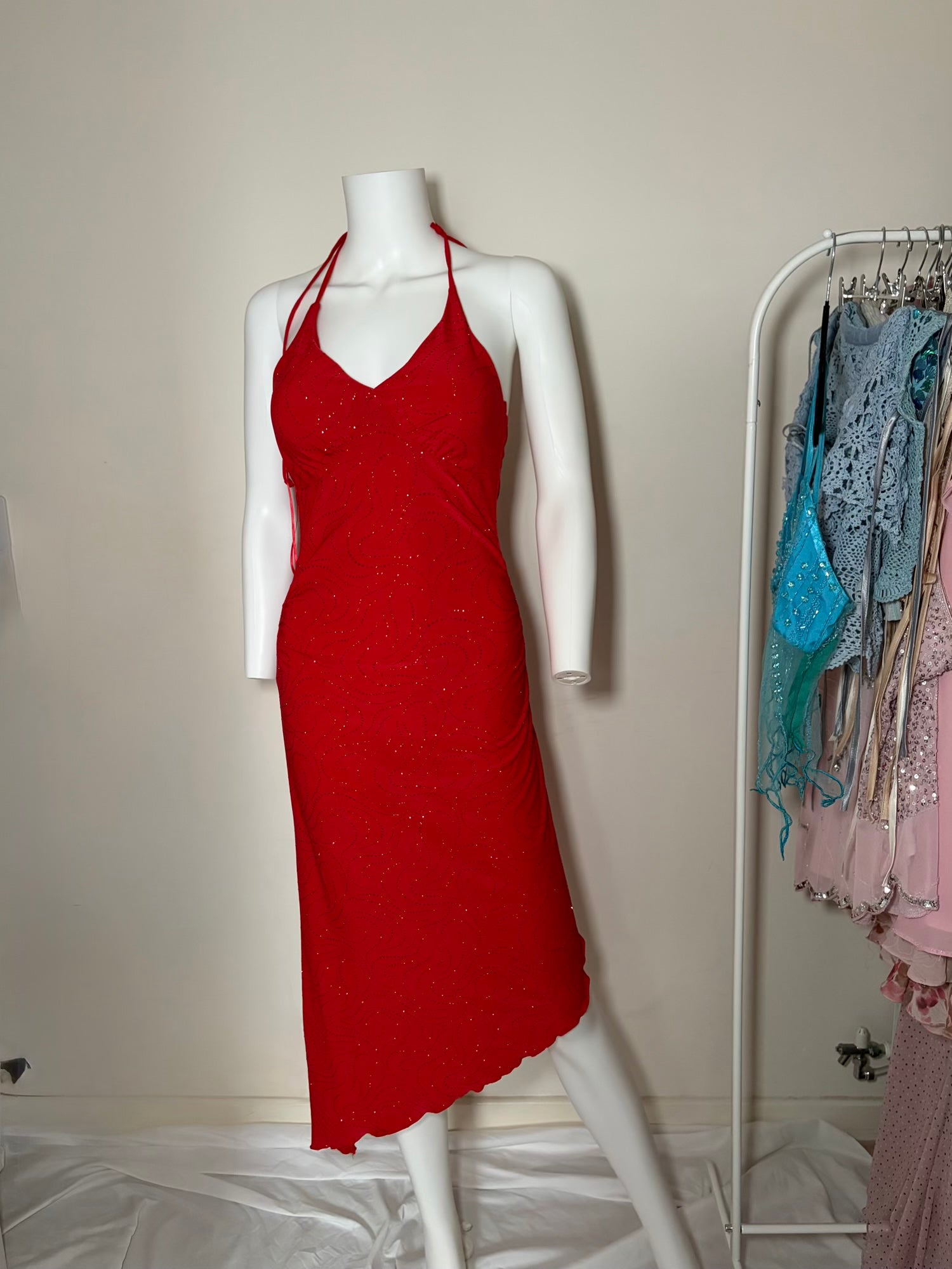 Vintage 1990s Red Asymmetrical Sparkly Dress