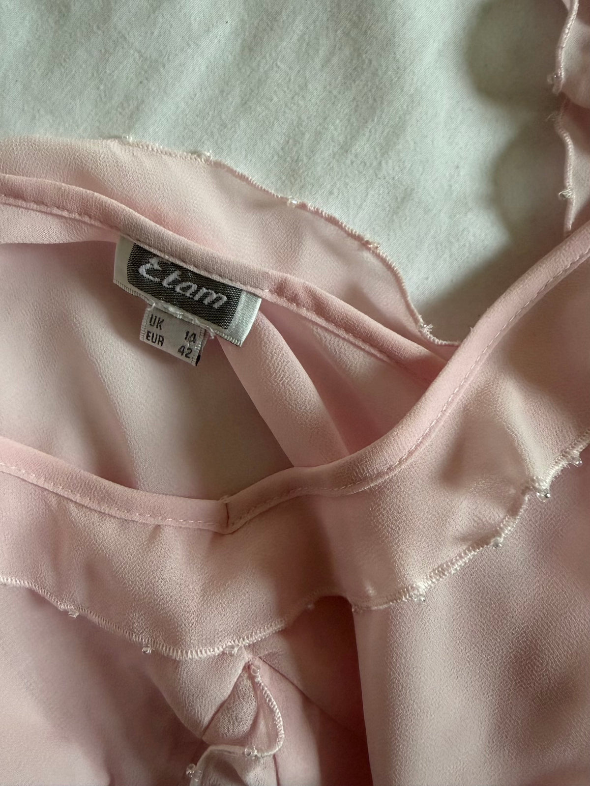 Vintage 1990s Baby Pink Semi Sheer Cami with Beads and Ruffle Detail