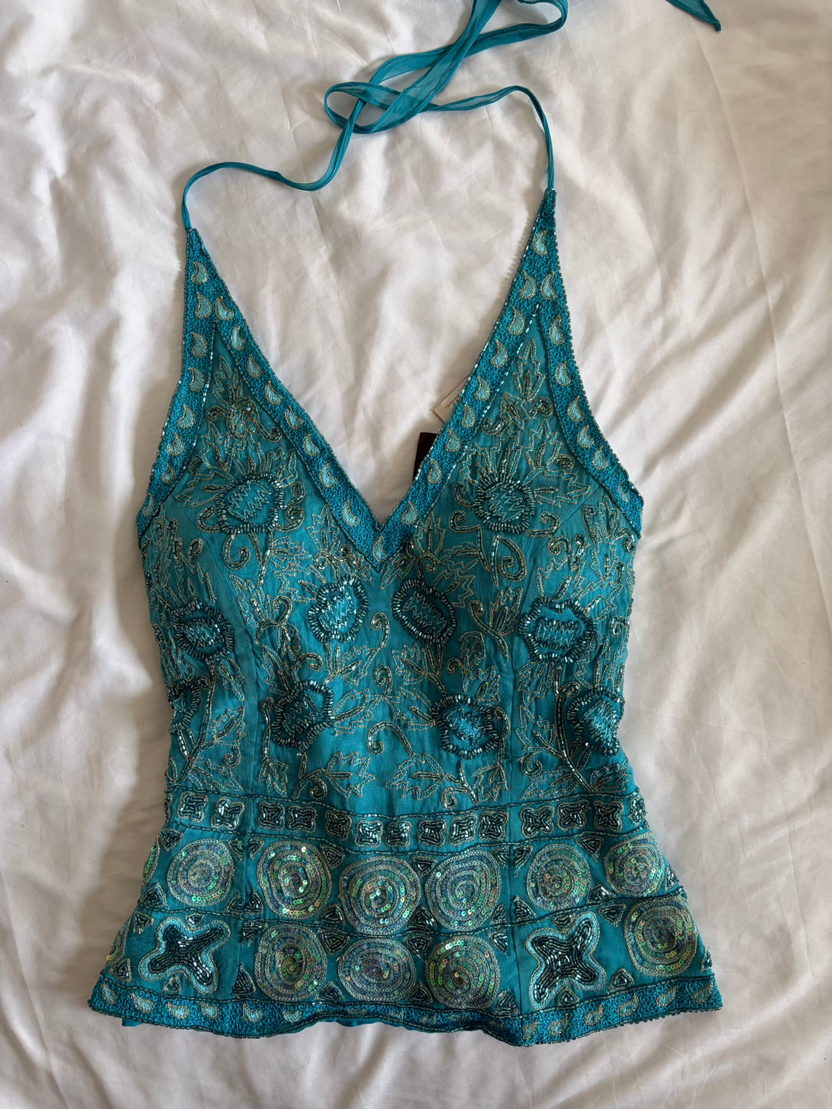 Vintage 2000s Aftershock Silk Cyan Blue Beaded Corset-Style Halter