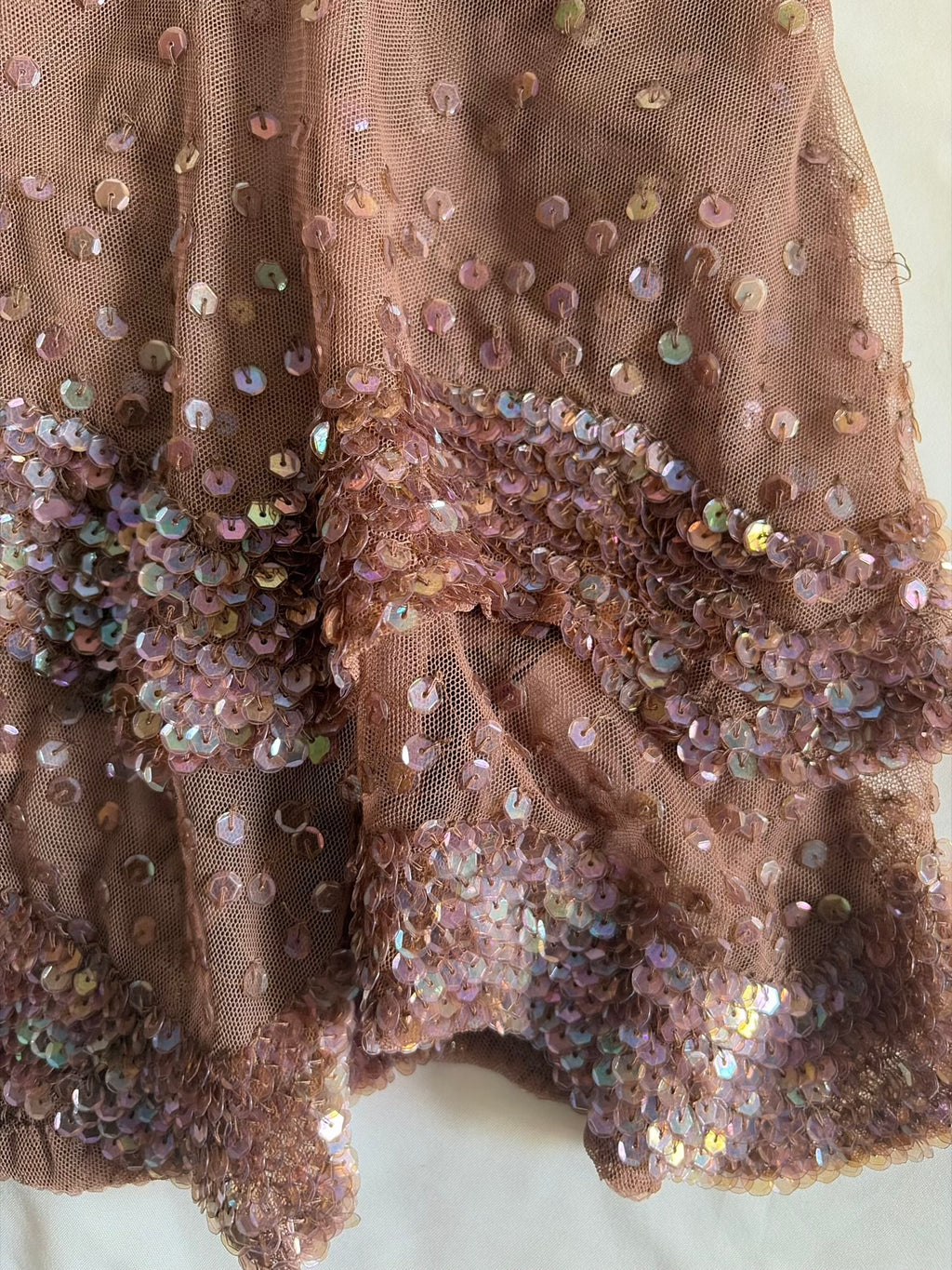 Vintage Y2K Mauve Mesh Ruffle Mini Skirt with Iridescent Sequins