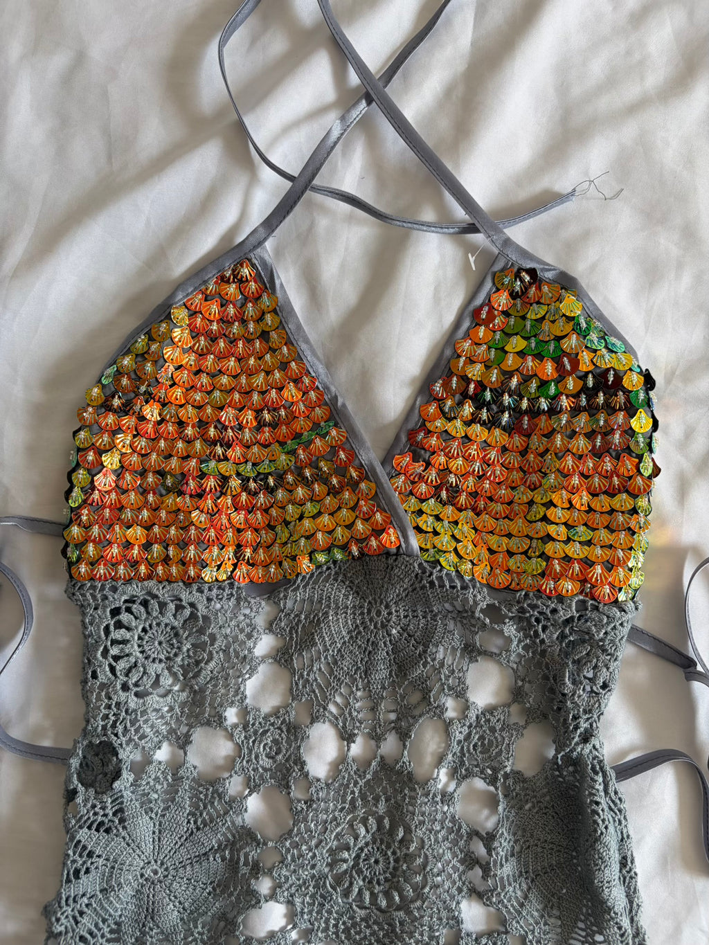 Handmade Grey Crochet Backless Halter and Ultra Mini Skirt Set