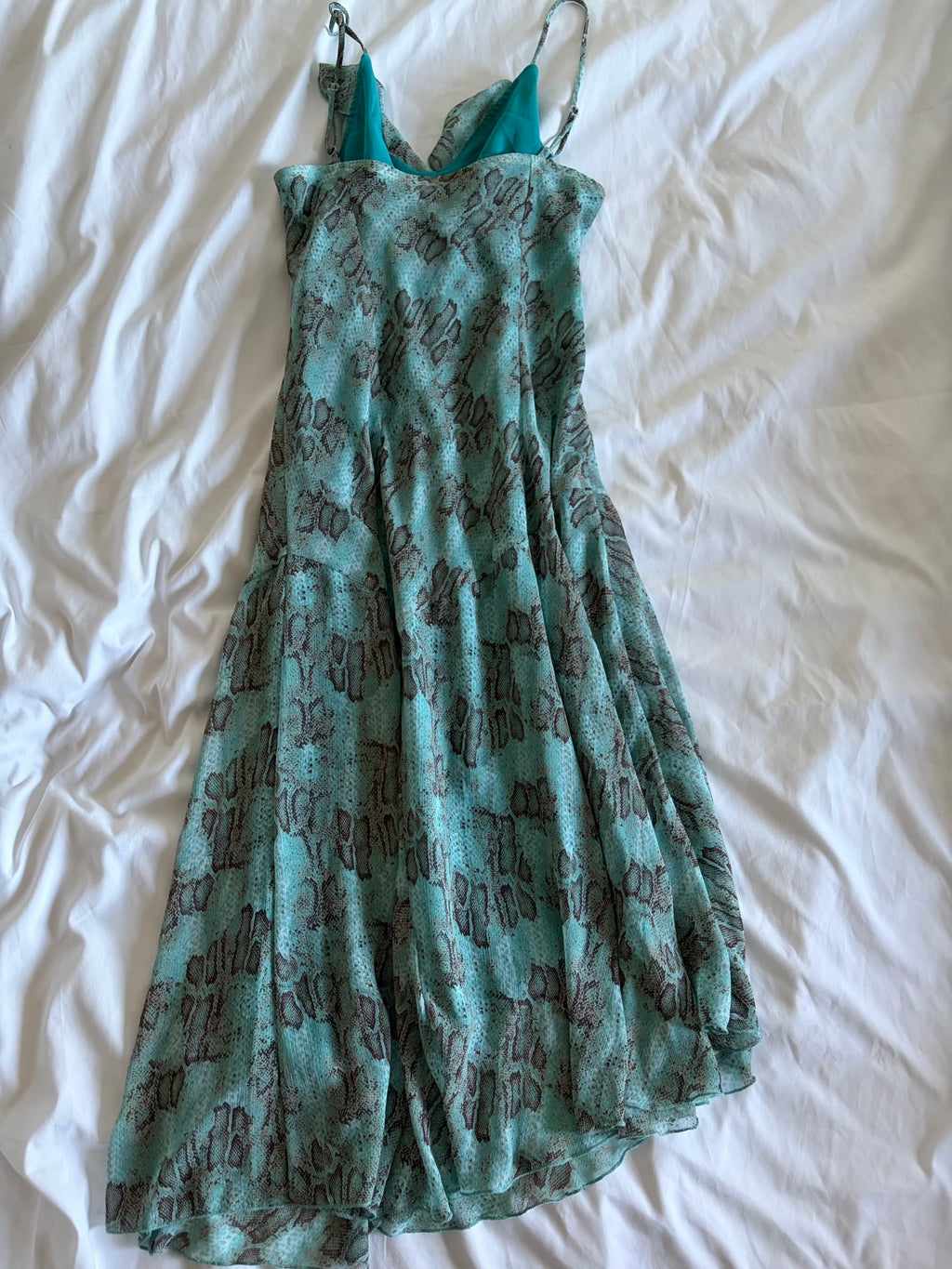 Vintage blue snake print midi fairy dress with floaty fairy hem