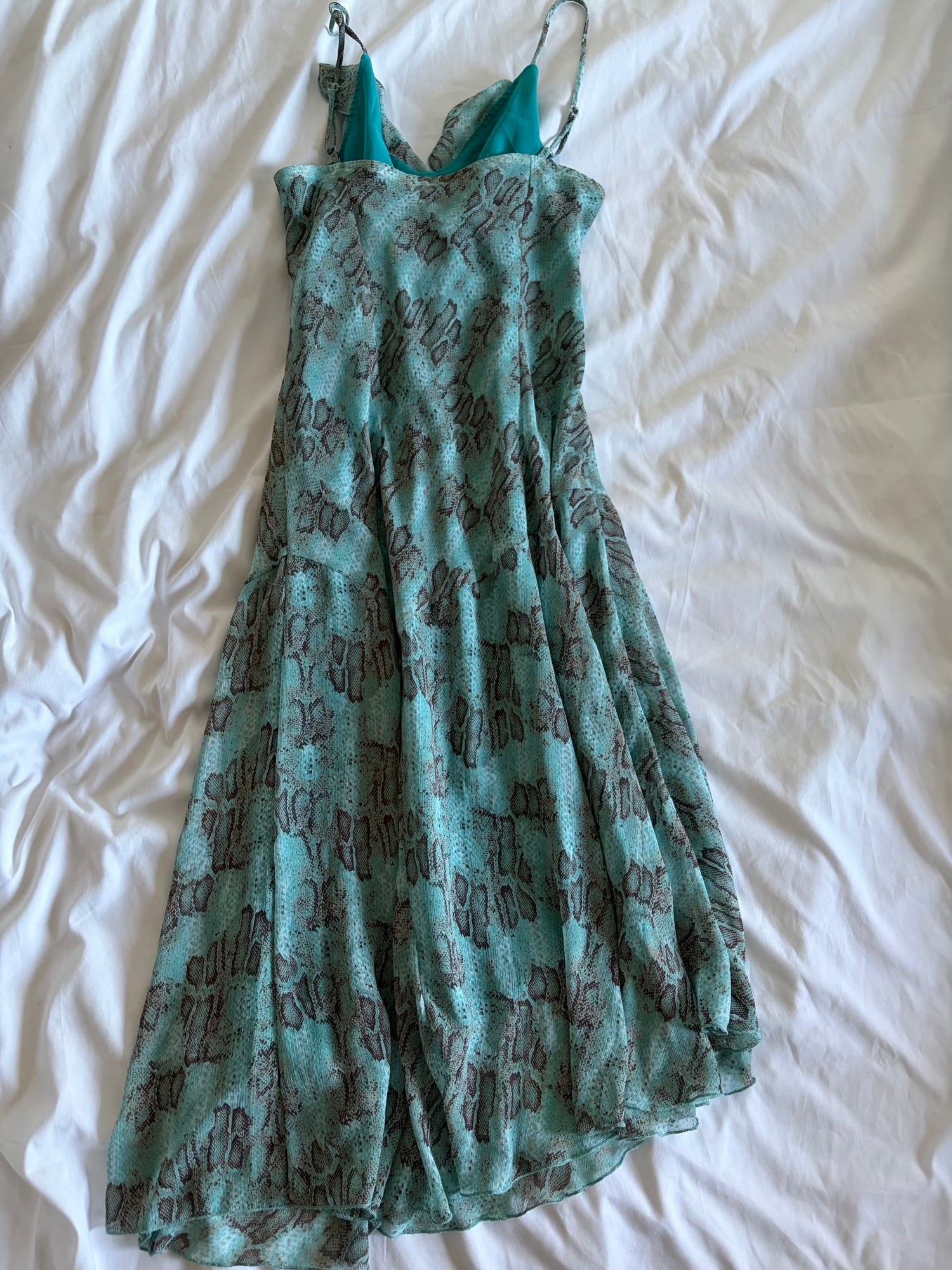 Vintage blue snake print midi fairy dress with floaty fairy hem