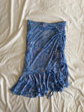 Vintage Y2K Blue Floral Midi Skirt with Ruffle Hem and Side Ruching