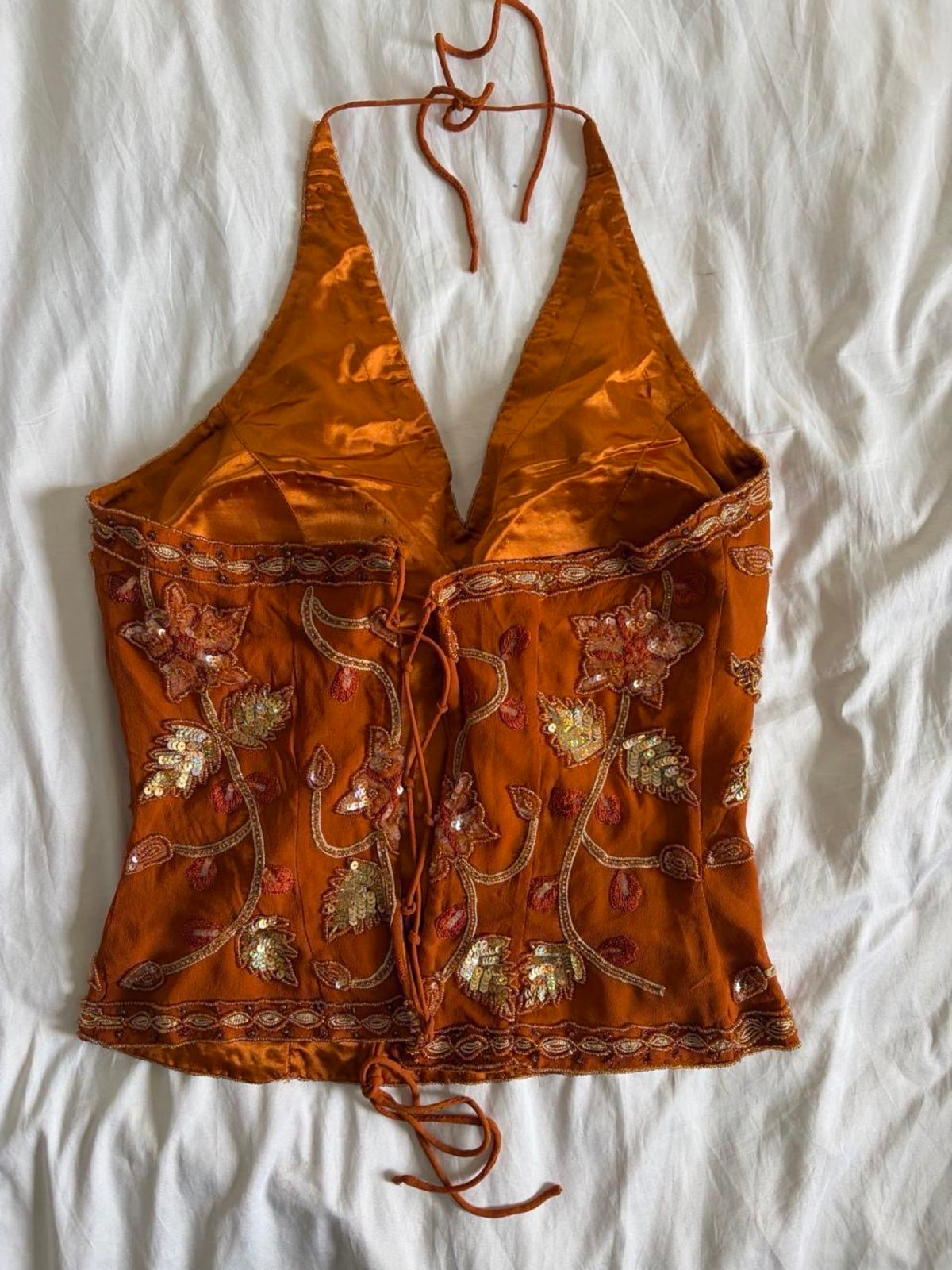 Vintage Y2K burnt orange silk beaded, bronze and gold sequin corset style halter - Size Large