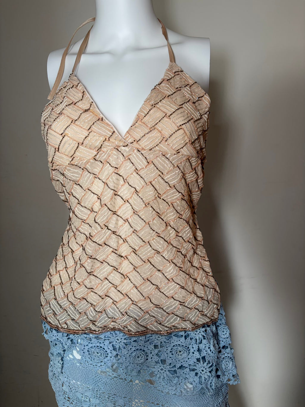 Handmade Backless Beige Cami with Baby Pink and Gun Metal Grey Beads
