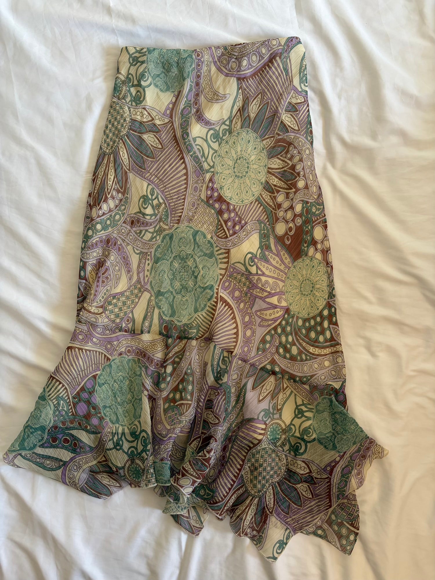Vintage Y2K Purple and Green Floral Paisley Mermaid Hem Skirt