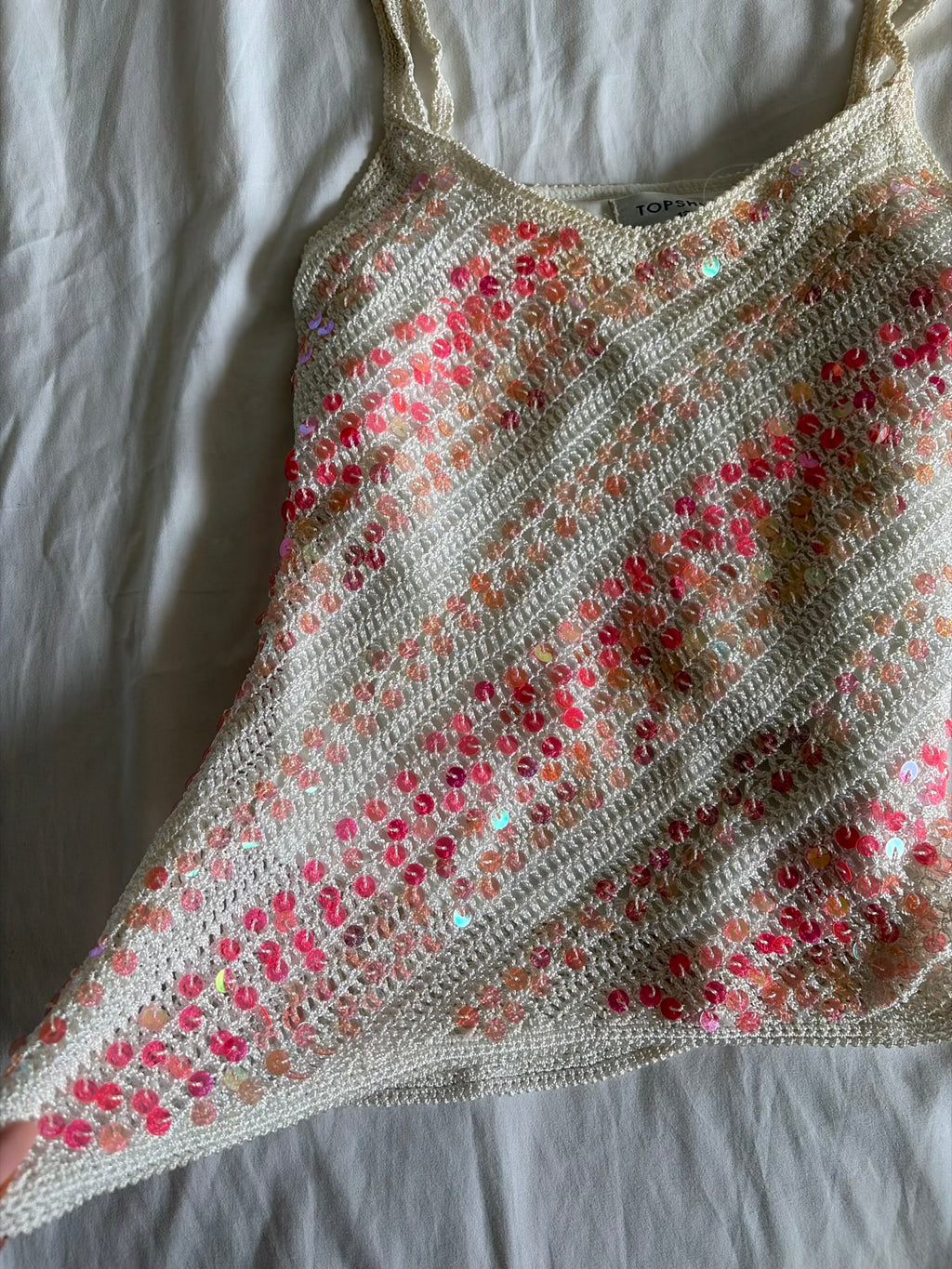 Vintage Y2K Crochet Cami with Pink Iridescent Sequins and Asymmetrical Hem