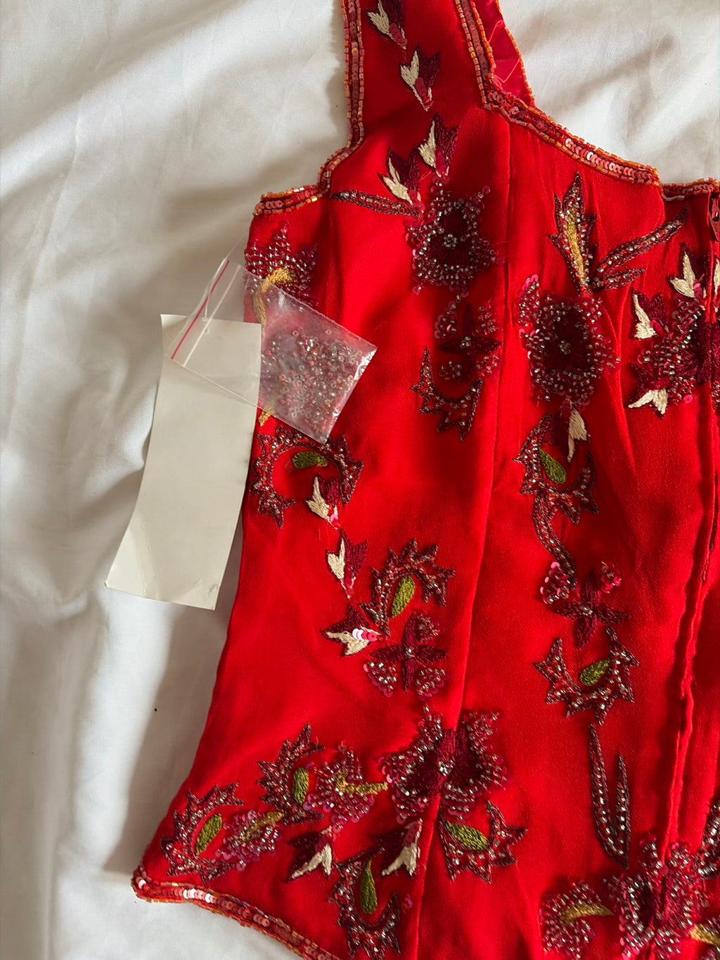 Vintage Y2K Silk Red Beaded and Sequin Basque Waist Top