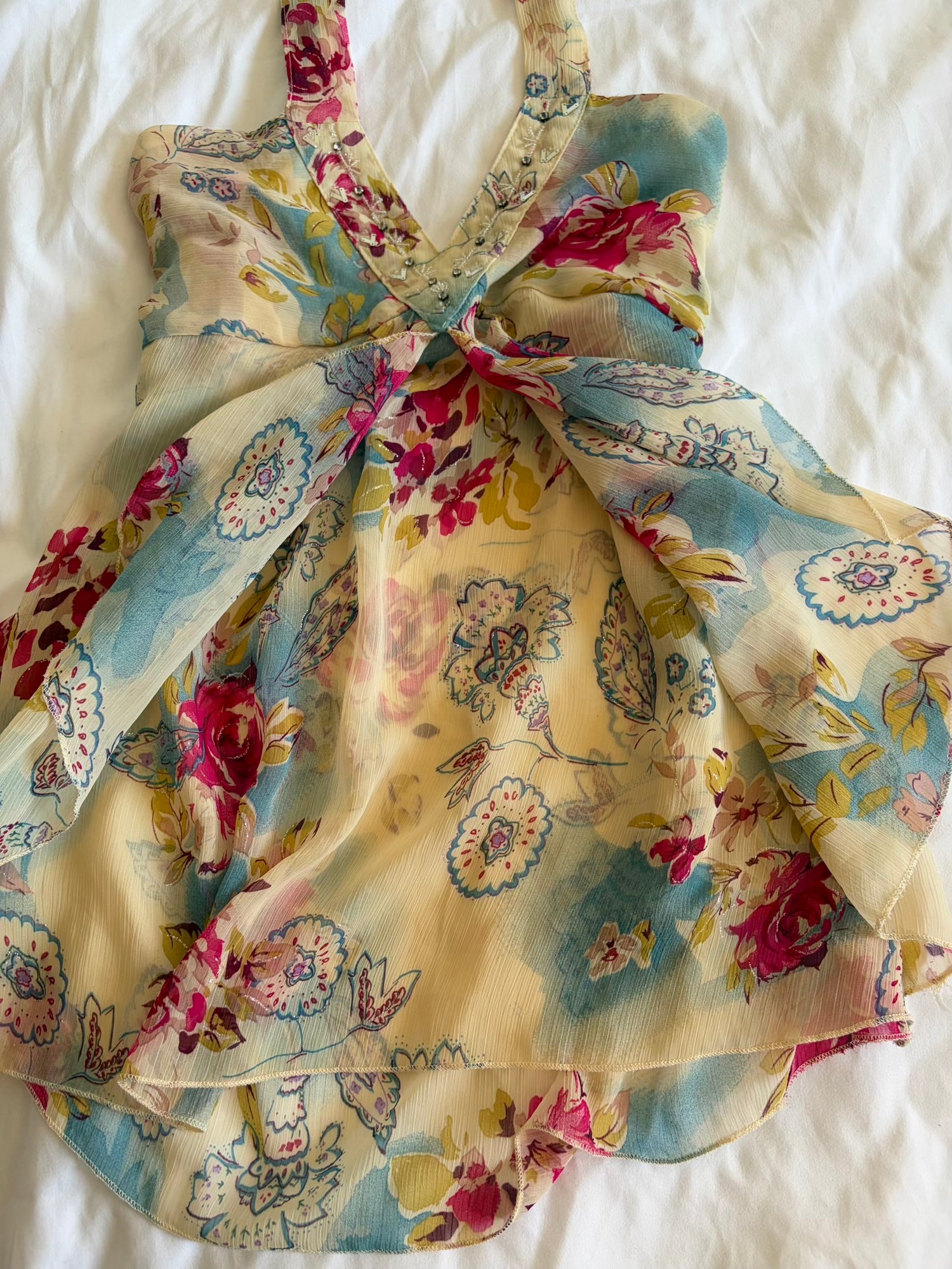 Vintage Y2K Japanese floral floaty fairy halterneck cami with beaded detailing