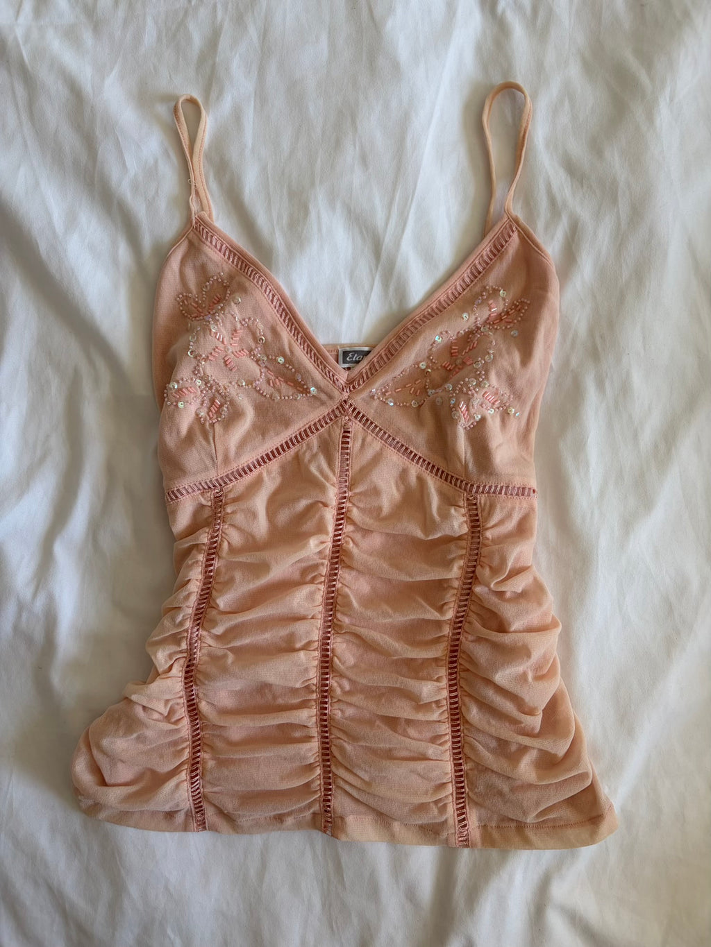 Vintage Y2K baby pink ruched cami with beaded and sequin detail on bust