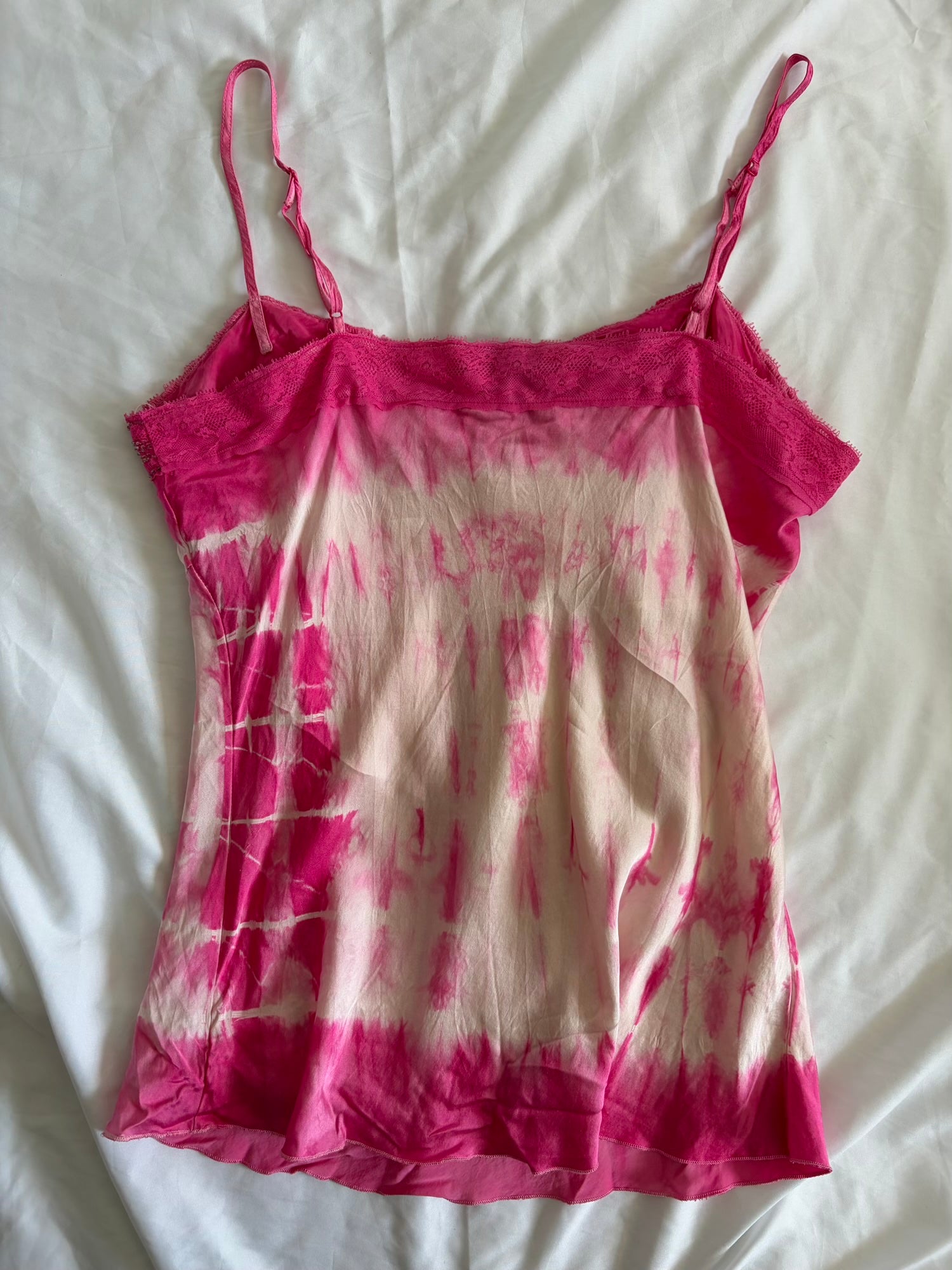Vintage Y2K Silk Pink and White Tie Dye Beaded Cami