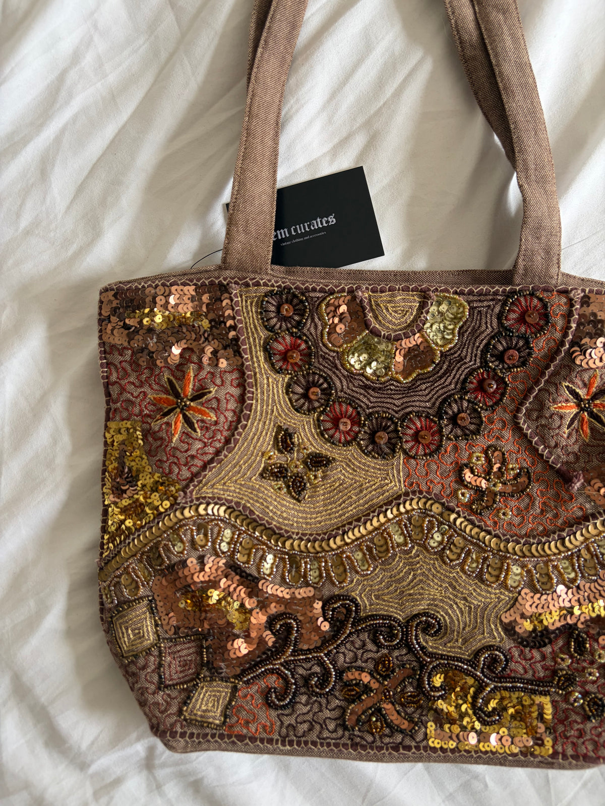Vintage 2000s Per Una Brown Embroidered Sequin Tote Bag
