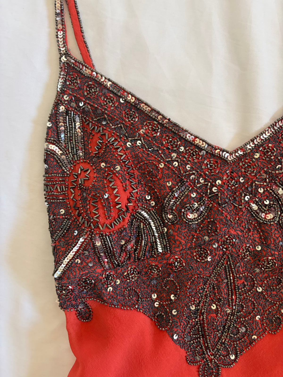 Vintage Y2K Aftershock Silk Coral Cami with Gunmetal Grey Sequin and Beaded Embellishment