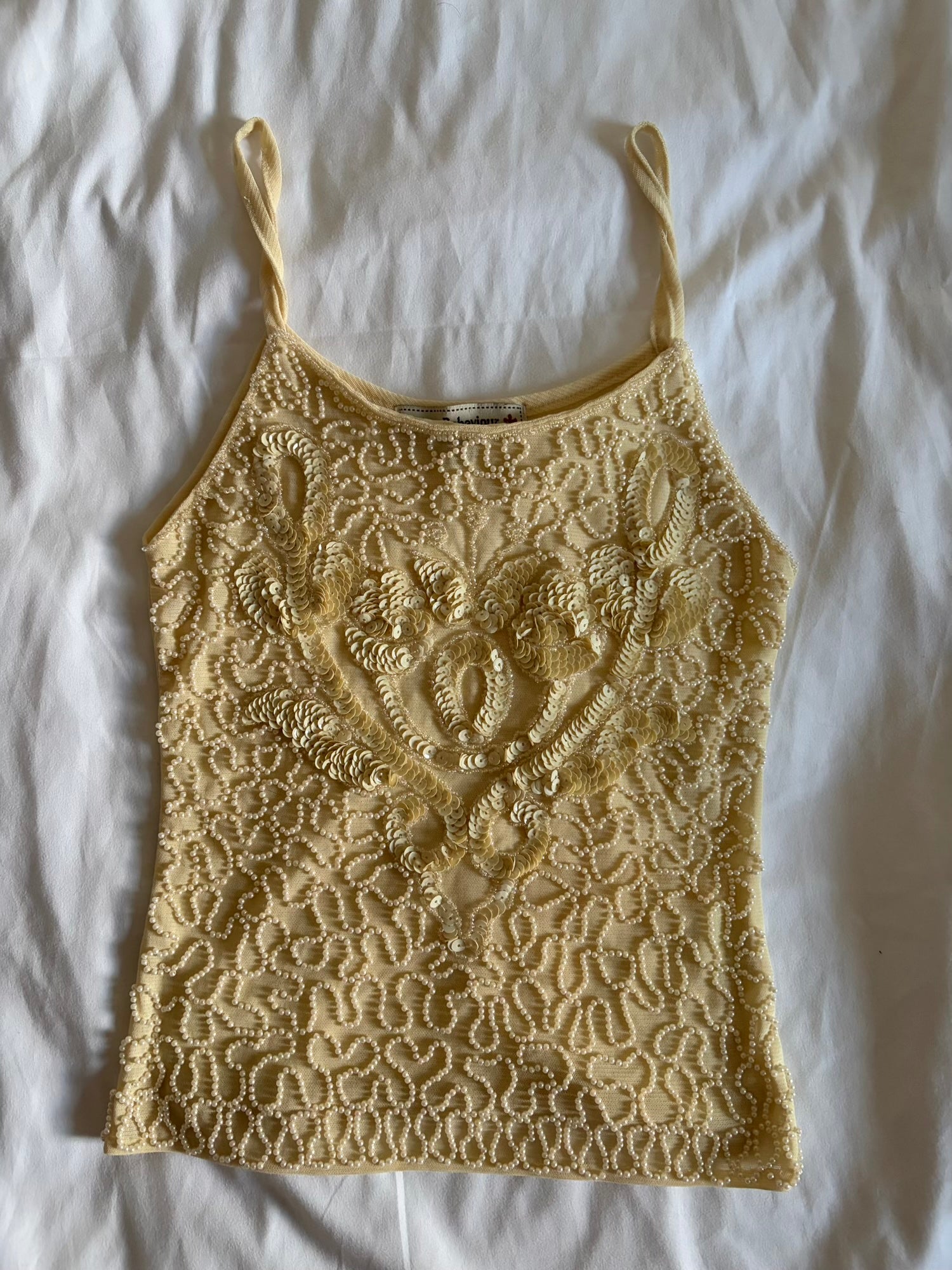 Vintage Y2K cream micromesh cami heavily beaded and sequin