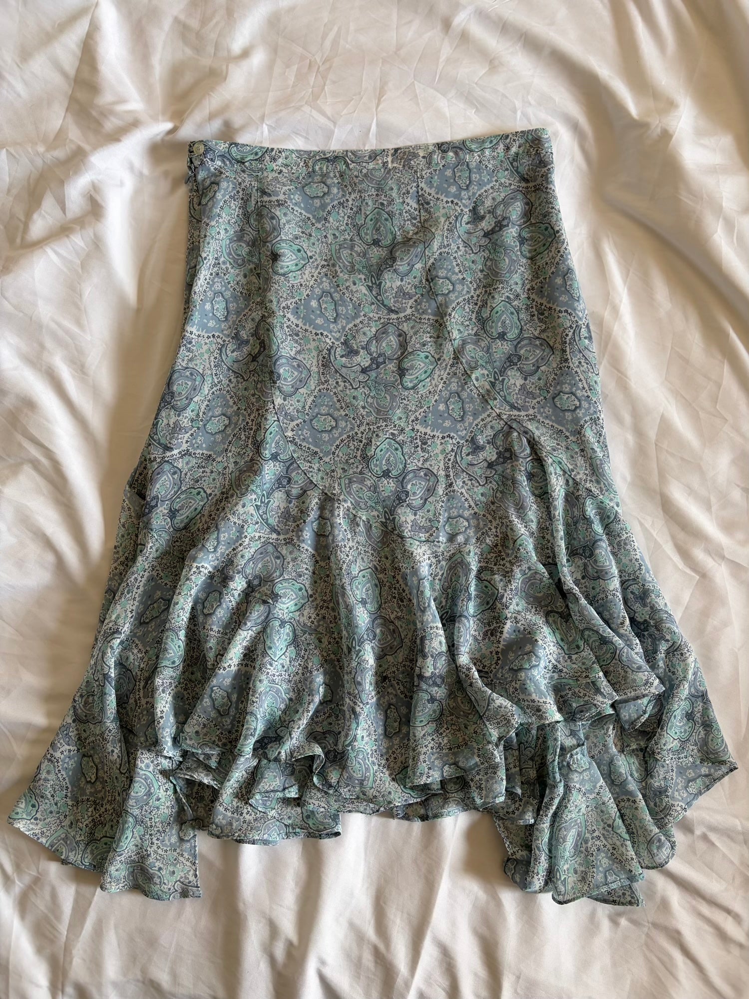 Vintage 1990s Italian Blue Paisley Asymmetrical Hem Midi Skirt