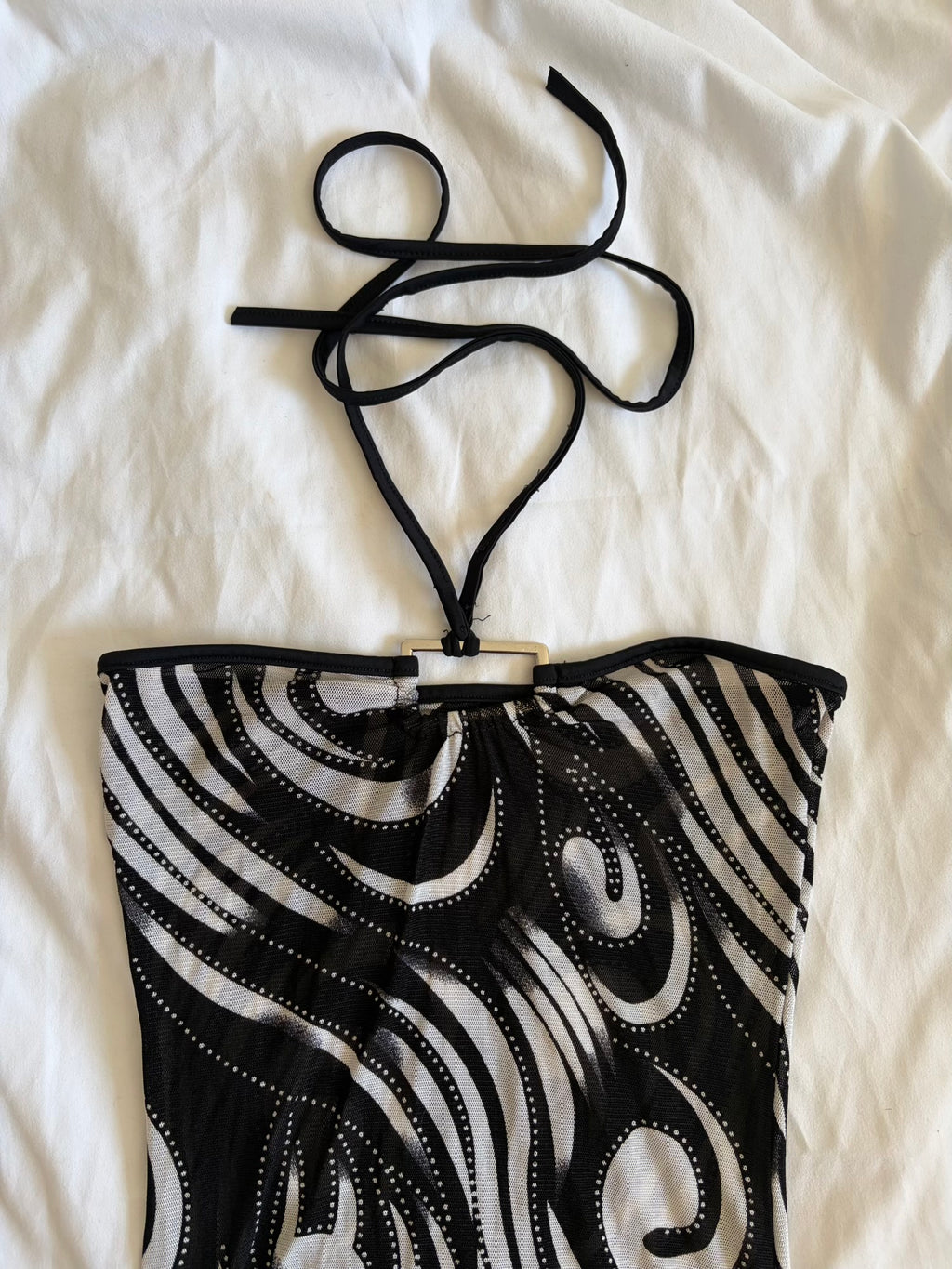 Vintage Y2K mesh black abstract bandeau cover up with o ring style detail and side ruching